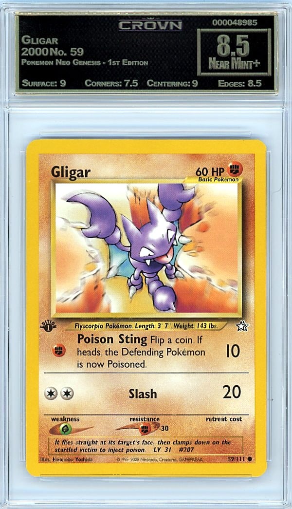 2000 Gligar Pokemon Neo Genesis - 1st Edition #59: Secure this exceptional 2000 Gligar Pokemon Neo Genesis 1st Edition card graded Crown 8.50, a standout piece from one of the most sought-after early Pokemon TCG sets. The Neo Genesis set remains a cor
