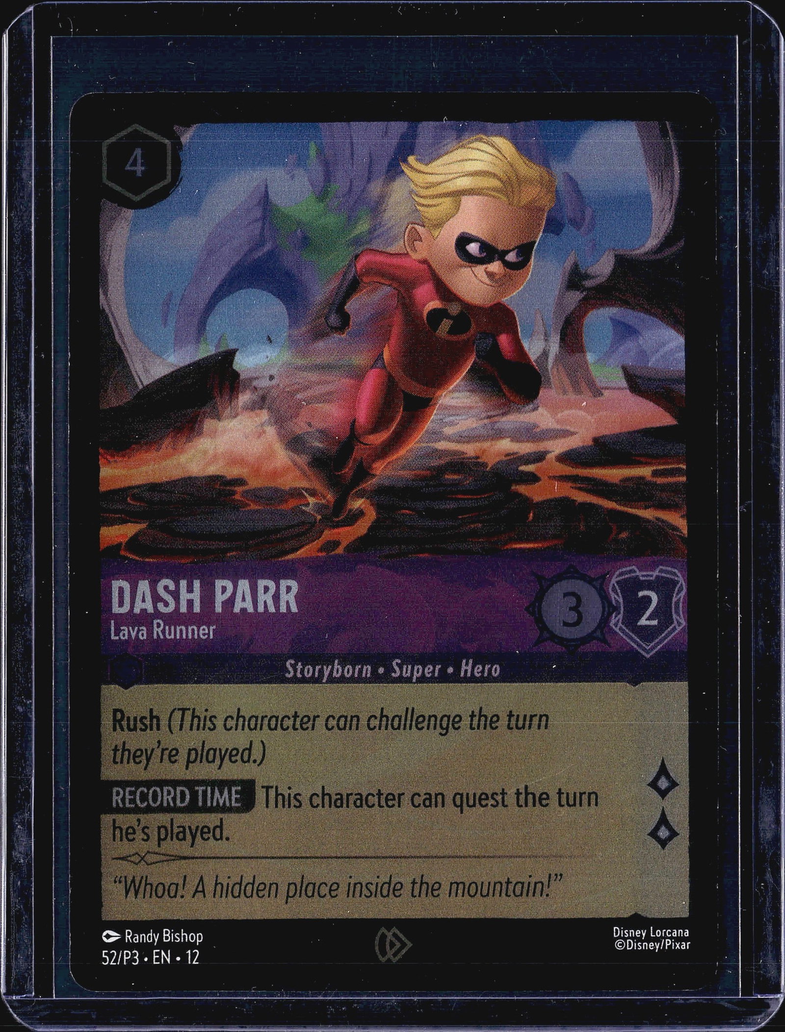 2024 Disney Lorcana Into the Inklands Dash Parr 5: This listing features Dash Parr - Lava Runner (card number 52/P3) from Disney Lorcana's Into the Inklands promo set, illustrated by Randy Bishop. The card is printed in English (EN) and carries the Di