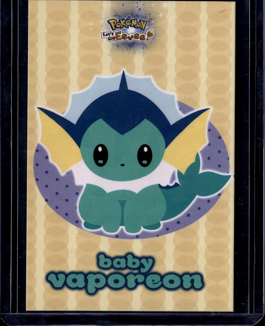2025 Baby Vaporeon Let's Go Eevee Eeveelutions Ba: Unofficial Peruvian-made collectible card featuring a kawaii 'baby' art style depiction of Vaporeon with a Cracked Ice Holo finish. Part of the Database Let's Go Eevee Babies sub-set, which covers Eev