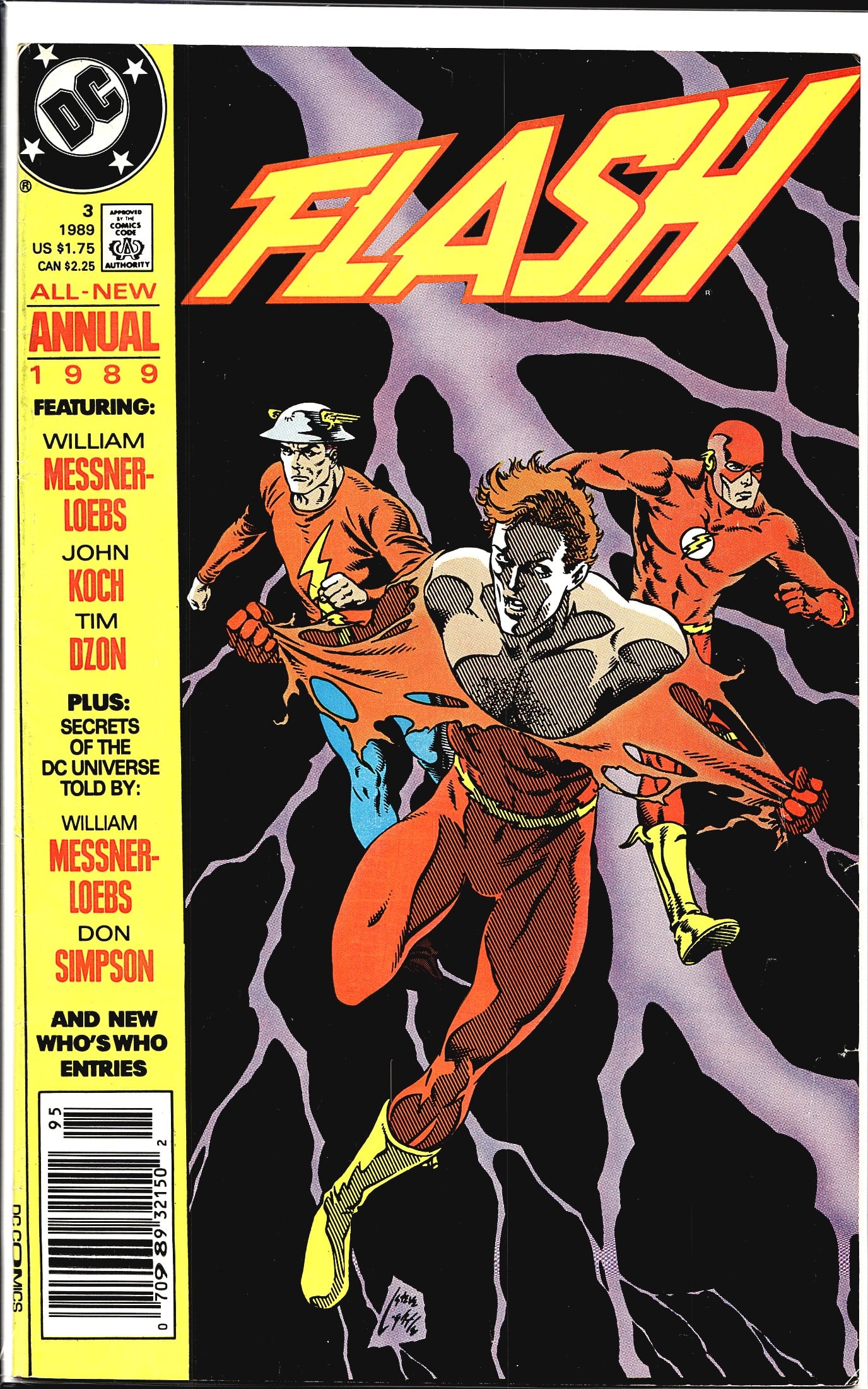 1989 DC Comics The Flash Annual #3 Comic Book: This is Flash Annual #3 published by DC Comics in 1989, priced at $1.75 US / $2.25 CAN. The cover features three versions of the Flash in dynamic running poses set against a dark, lightning-charged ba