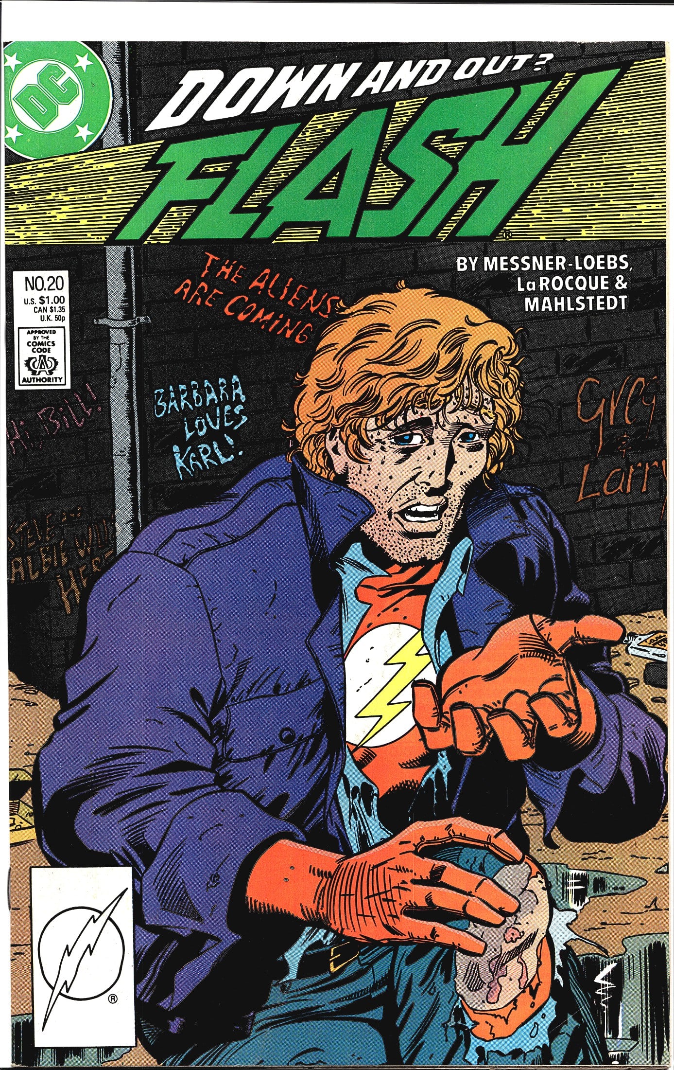 1988 DC Comics The Flash #20 Comic Book: This is Flash #20 from DC Comics, published in 1988 as part of the second volume of The Flash series. The cover features a disheveled Wally West wearing his Flash costume beneath a tattered overcoat, 
