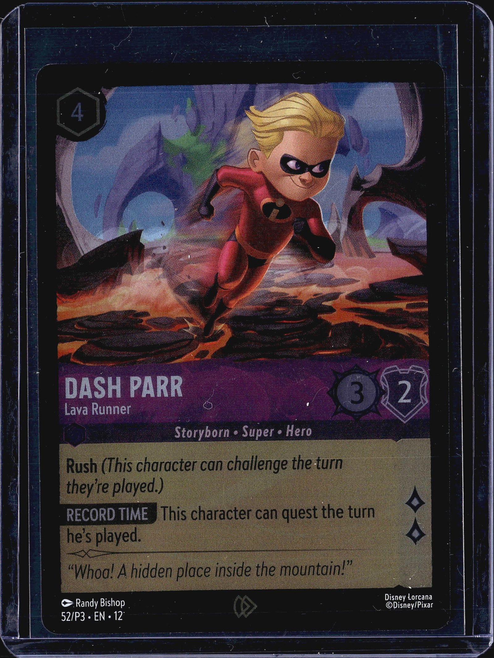 2023 Disney Lorcana Promo 52/P3 Dash Parr Card: This listing features a Disney Lorcana single card: Dash Parr - Lava Runner, card number 52/P3, identified as a Promo release. The card is classified as Storyborn Super Hero with a cost of 4,