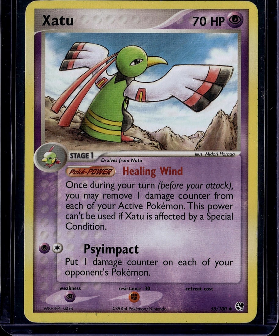 2004 Pokemon EX Dragon Frontiers Xatu 55/100 Stag: This is a 2004 Pokemon EX Dragon Frontiers Xatu Stage 1 card (55/100), featuring the psychic-type evolution Pokemon illustrated by Midori Harada. Xatu displays 70 HP and showcases beautiful artwork