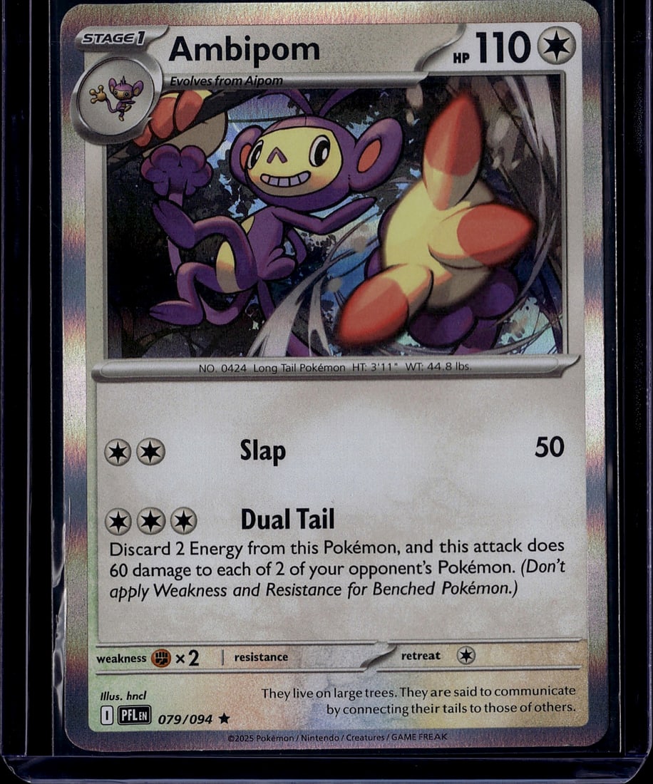 2025 Pokemon ME02 Phantasmal Flames Ambipom 079/0: Ambipom 079/094 is a Stage 1 Colorless-type Holo Rare from the Pokemon TCG set ME02: Phantasmal Flames (Mega Evolution: Phantasmal Flames), released in 2025. It has 110 HP and features the move Dual