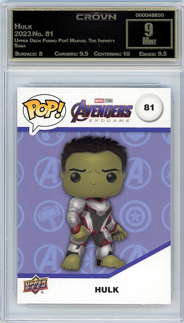 2023 Hulk Upper Deck Funko Pop! Marvel The Infini: Secure this stunning 2023 Hulk Upper Deck Funko Pop! Marvel The Infinity Saga card graded Crown Grade 9.00, a premium collectible from one of Marvel's most sought-after pop culture sets. The 2023