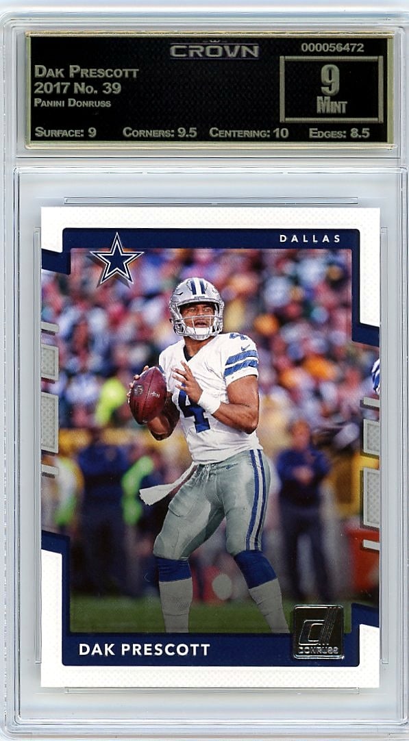 2017 Dak Prescott Panini Donruss #39 Crown 9 Mint: This is a 2017 Dak Prescott card from the Panini Donruss set, card number 39. It captures the quarterback during his rookie season, a pivotal moment in his NFL career when he took over as Dallas