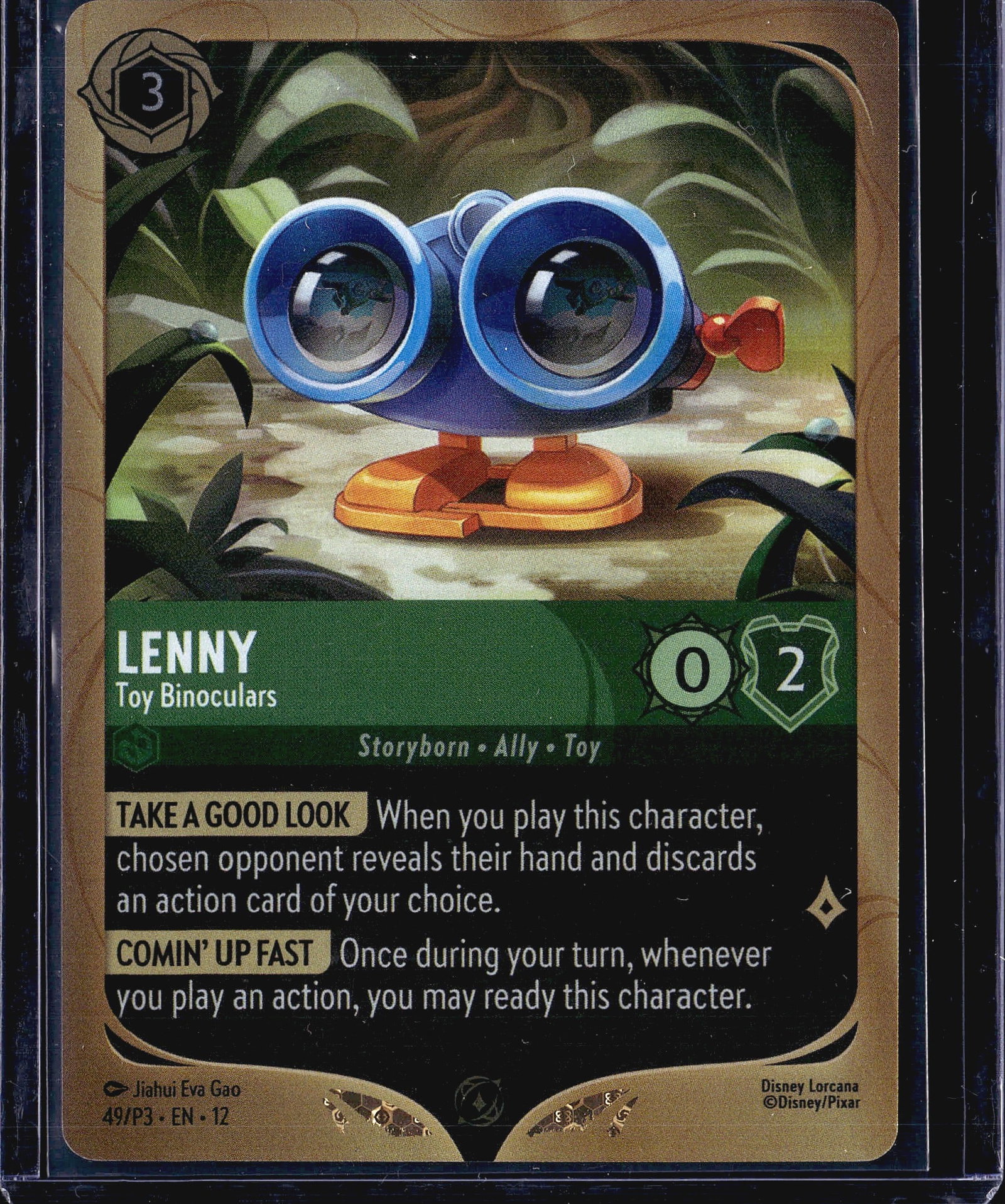 2024 Disney Lorcana Wilds Unknown 49/P3 Foil Prom: This listing features Lenny - Toy Binoculars from Disney Lorcana, card number 49/P3, a promotional card illustrated by Jiahui Eva Gao. The card belongs to the Emerald (green) ink color and carries