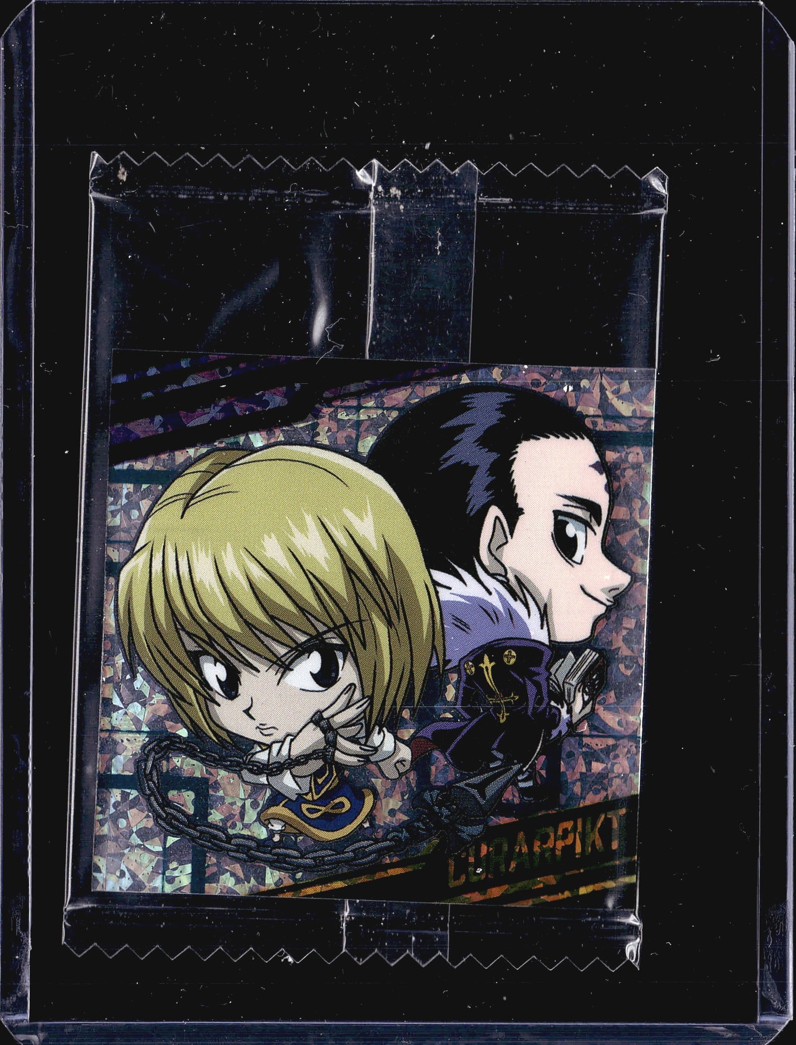 1998 Bandai Hunter x Hunter Carddass HH6-27 Kurap: This listing features a sealed Bandai Hunter x Hunter holographic promo sticker pack containing card HH6-27 [SR] (Super Rare). The front displays a vivid chibi-style holographic foil sticker depicting