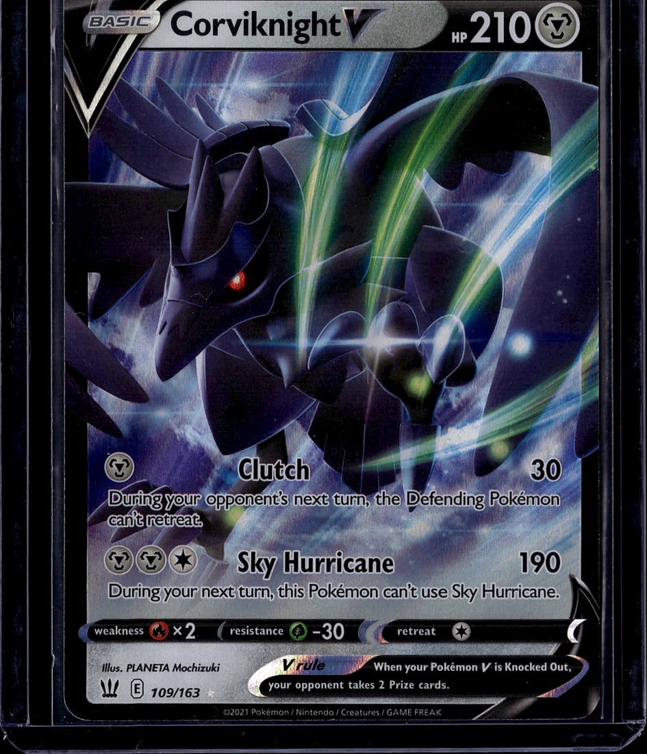 2021 Pokemon Battle Styles Corviknight V 109/163: This is a raw Corviknight V Basic Pokemon card from the 2021 Chilling Reign set (card #109/163). Corviknight V features 210 HP and displays stunning artwork by PLANETA Mochizuki showing the metallic b