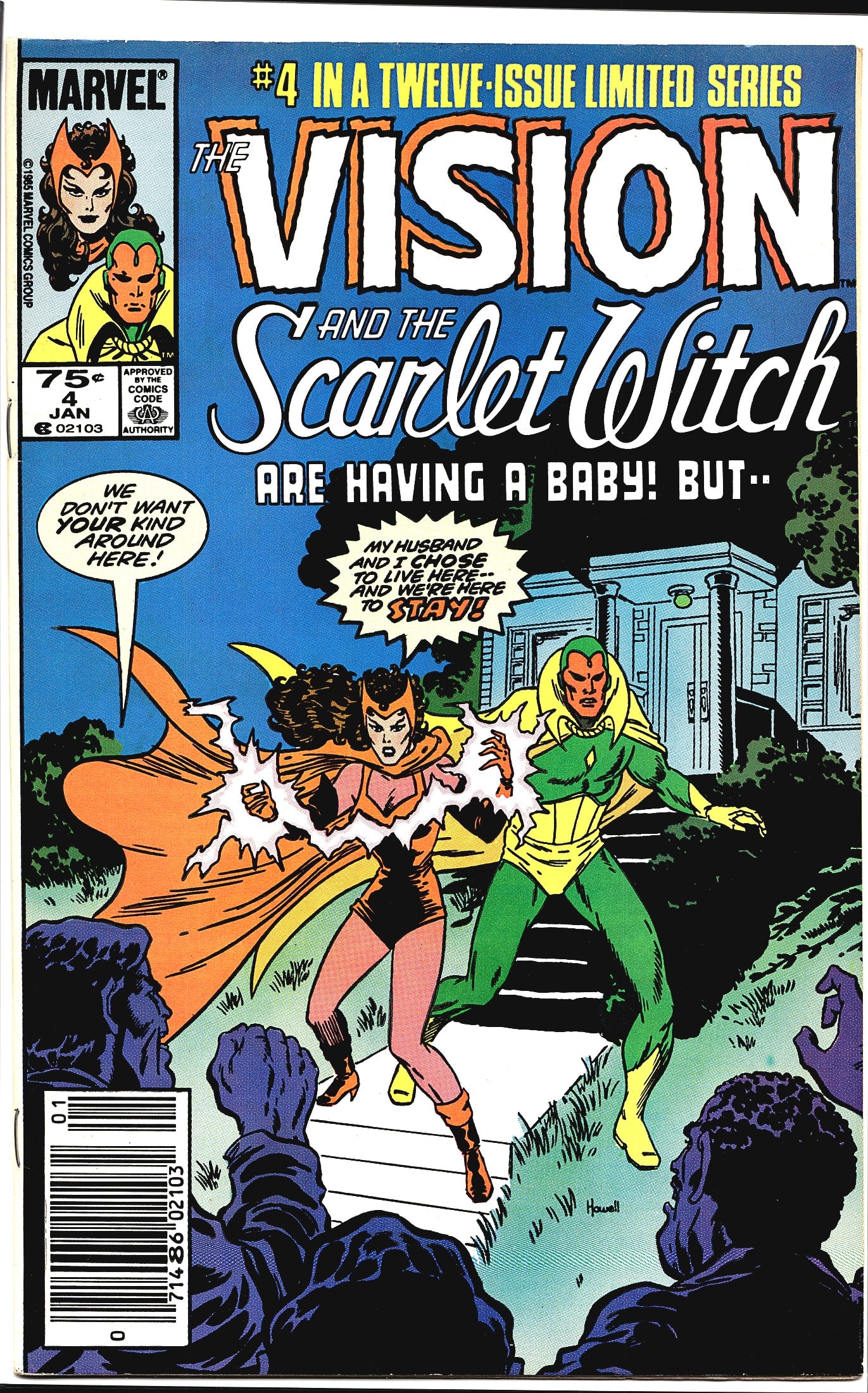1986 Marvel The Vision and the Scarlet Witch #4 V: This is issue #4 in the twelve-issue limited series 'The Vision and the Scarlet Witch,' published by Marvel Comics Group in January 1986. The cover price is 75 cents and it carries the Comics Code