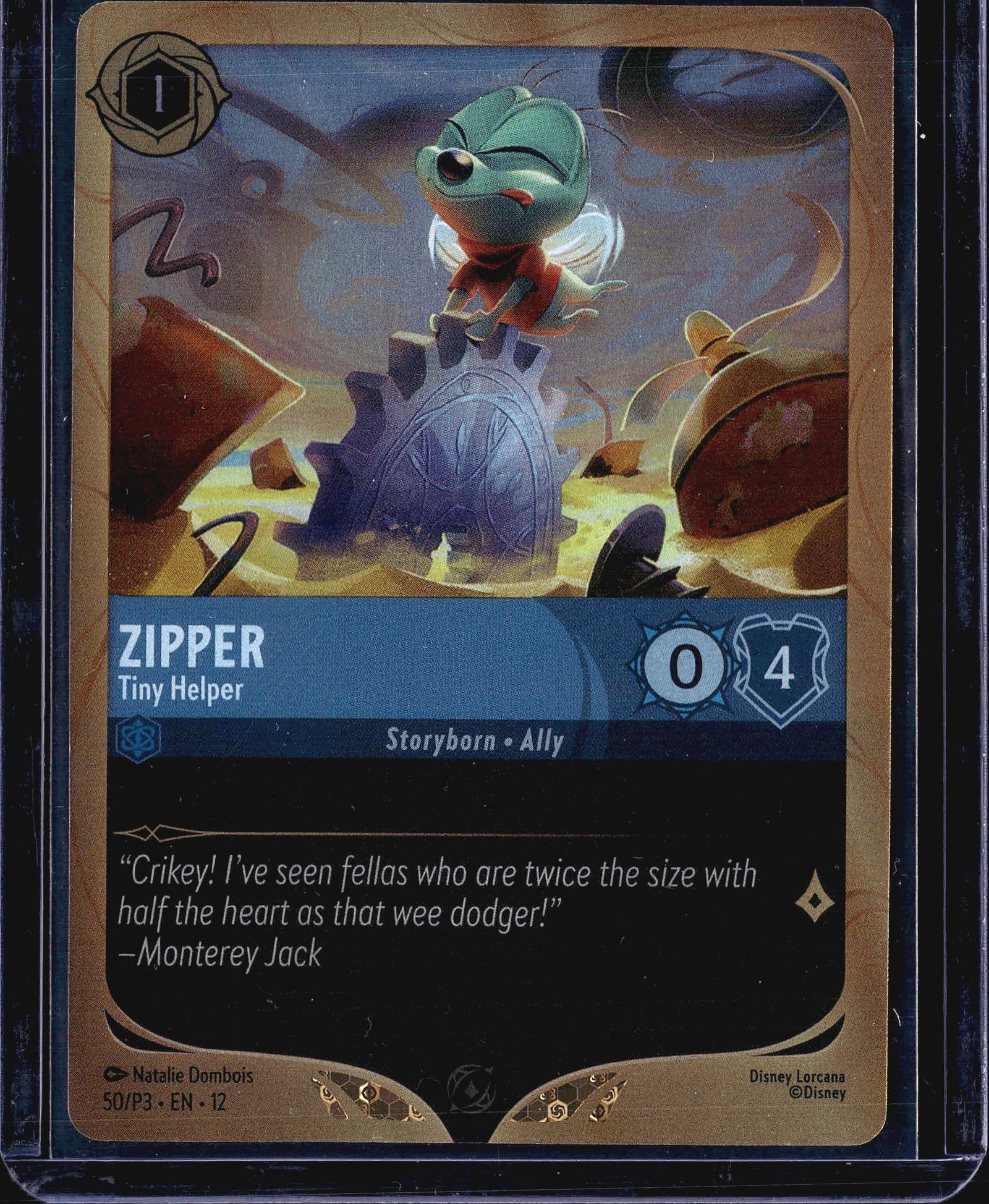 Disney Lorcana Wilds Unknown Zipper 50/P3 Foil Pr: This listing features Zipper - Tiny Helper, card number 50/P3 from the Disney Lorcana trading card game, identified as a Promo release (EN 12). The card is classified as a Storyborn Ally with a cost