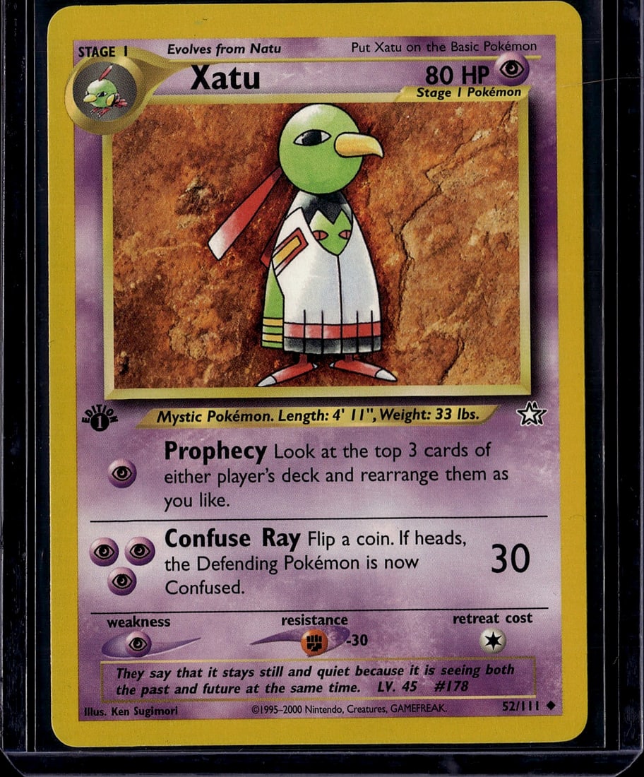 Xatu Holo Rare Pokemon Card 52/111 Neo Revelation: This is a raw Xatu Holo Rare Pokemon single from the Neo Revelation set, released in 2000. Card number 52/111, this Stage 1 Psychic-type Pokemon features the classic Ken Sugimori artwork