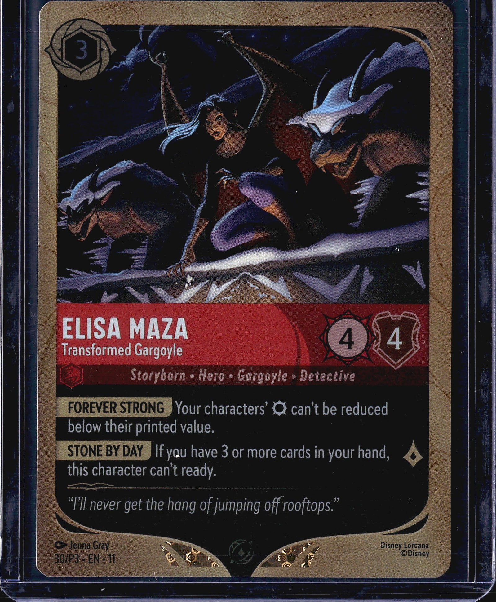 2026 Disney Lorcana Winterspell Elisa Maza 30/P3: This listing features Elisa Maza - Transformed Gargoyle from the Disney Lorcana trading card game, card number 30/P3, identified as an English promo release (EN 11). The card carries a cost of 3,