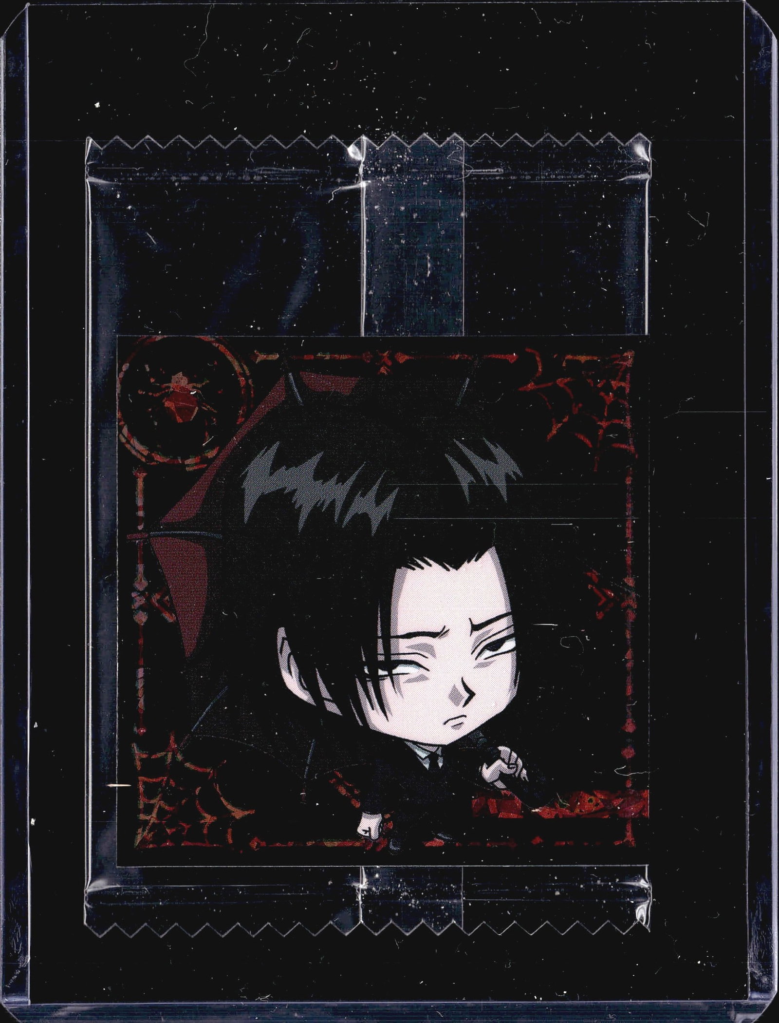 Feitan Hunter x Hunter Bandai Sealed Promo Sticke: This listing features a sealed Bandai Hunter x Hunter promo sticker pack featuring Feitan, the cold-blooded assassin and member of the Phantom Troupe. The front displays a chibi-style full-color