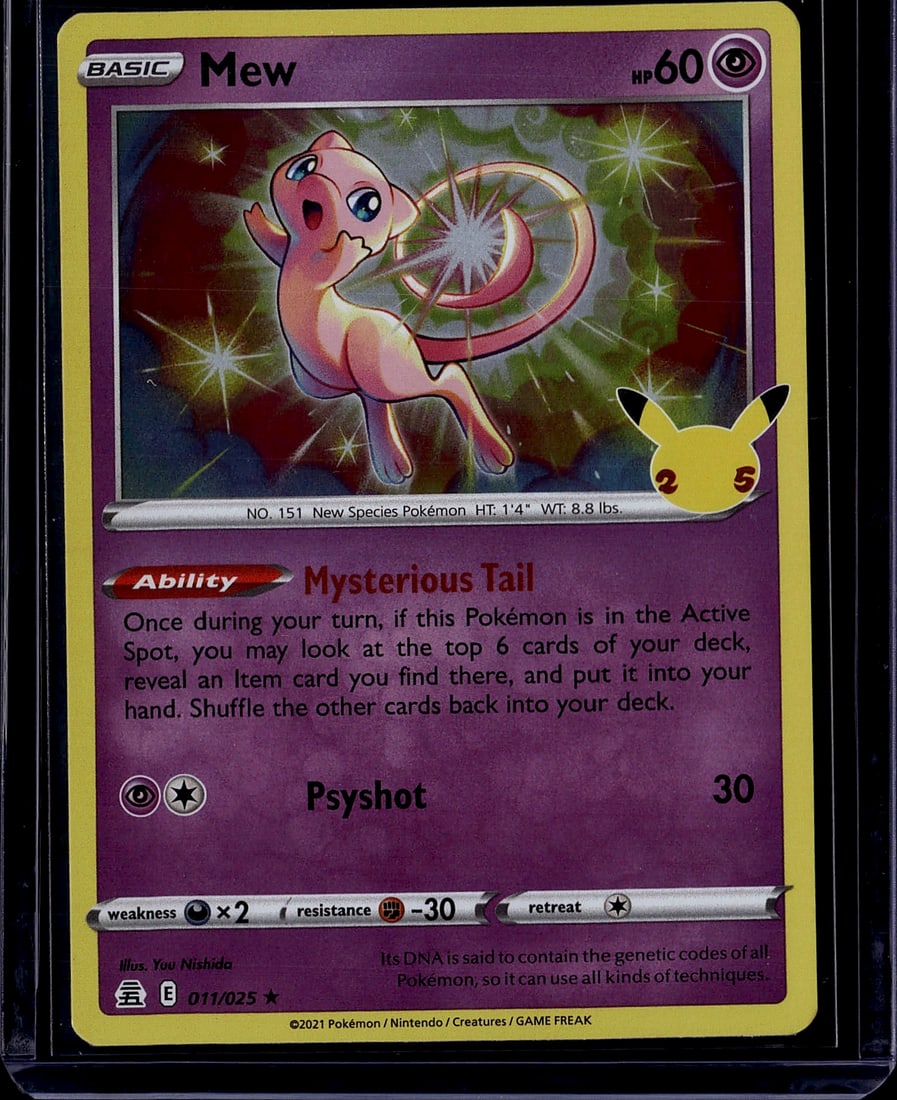 2021 Pokemon Celebrations Mew 011/025 Near Mint: This 2021 Pokemon Trading Card Game Mew card features the iconic Psychic-type Basic Pokemon, No. 151, described as a "New Species Pokemon" standing 1'4" tall and weighing 8.8 lbs. The card showcases v
