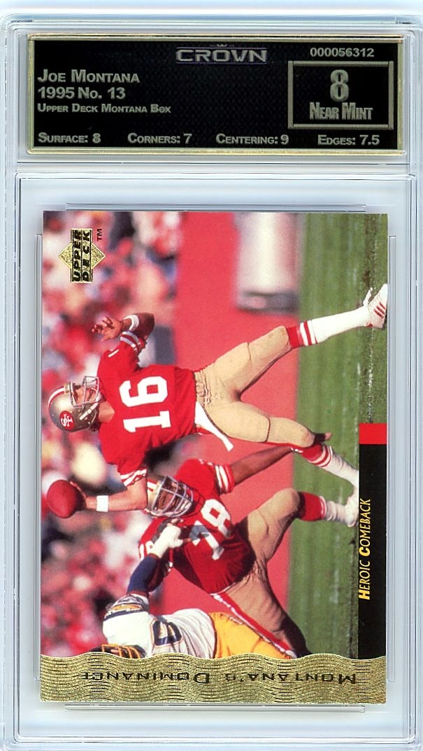 1995 Joe Montana Upper Deck Montana Box #13 Crown: This is a 1995 Joe Montana card from the Upper Deck Montana Box set, card number 13. It represents a piece of memorabilia from a pivotal era in sports card collecting, featuring one of football's