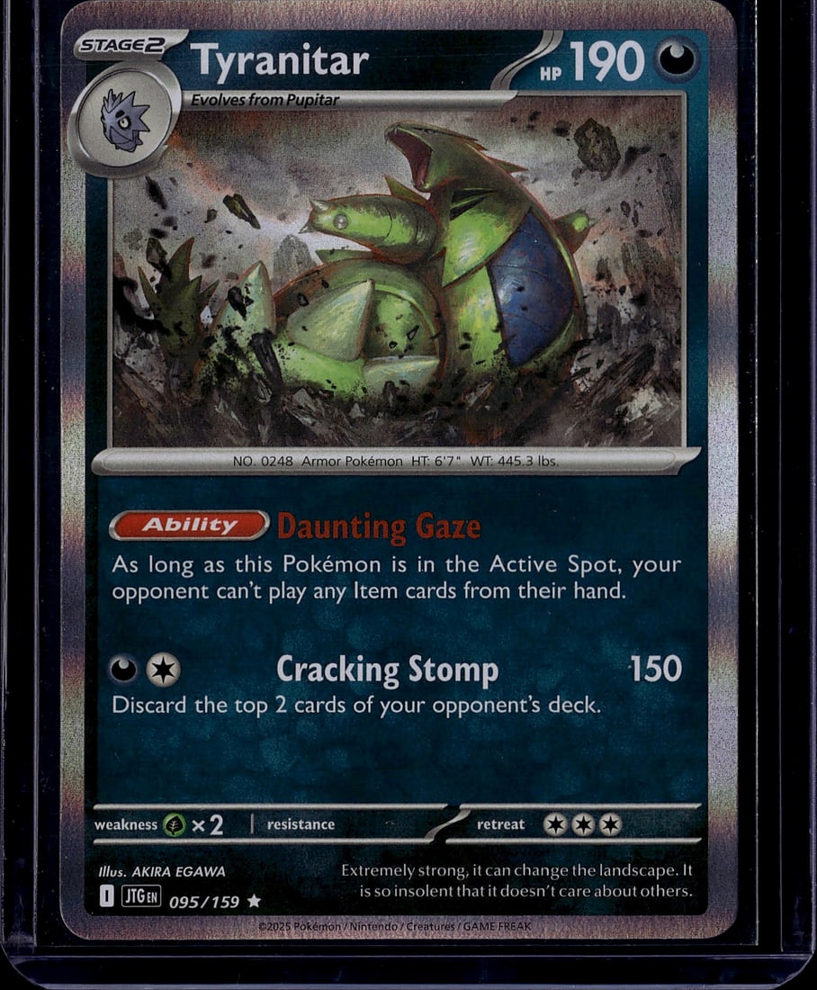 2025 Pokemon Scarlet Violet Journey Together Tyra: Tyranitar is a Stage 2 Darkness-type Pokemon card (190 HP) from Scarlet & Violet: Journey Together (SV9), released March 28, 2025. It is a Holo Rare and is one of two Tyranitar variations in the set. 