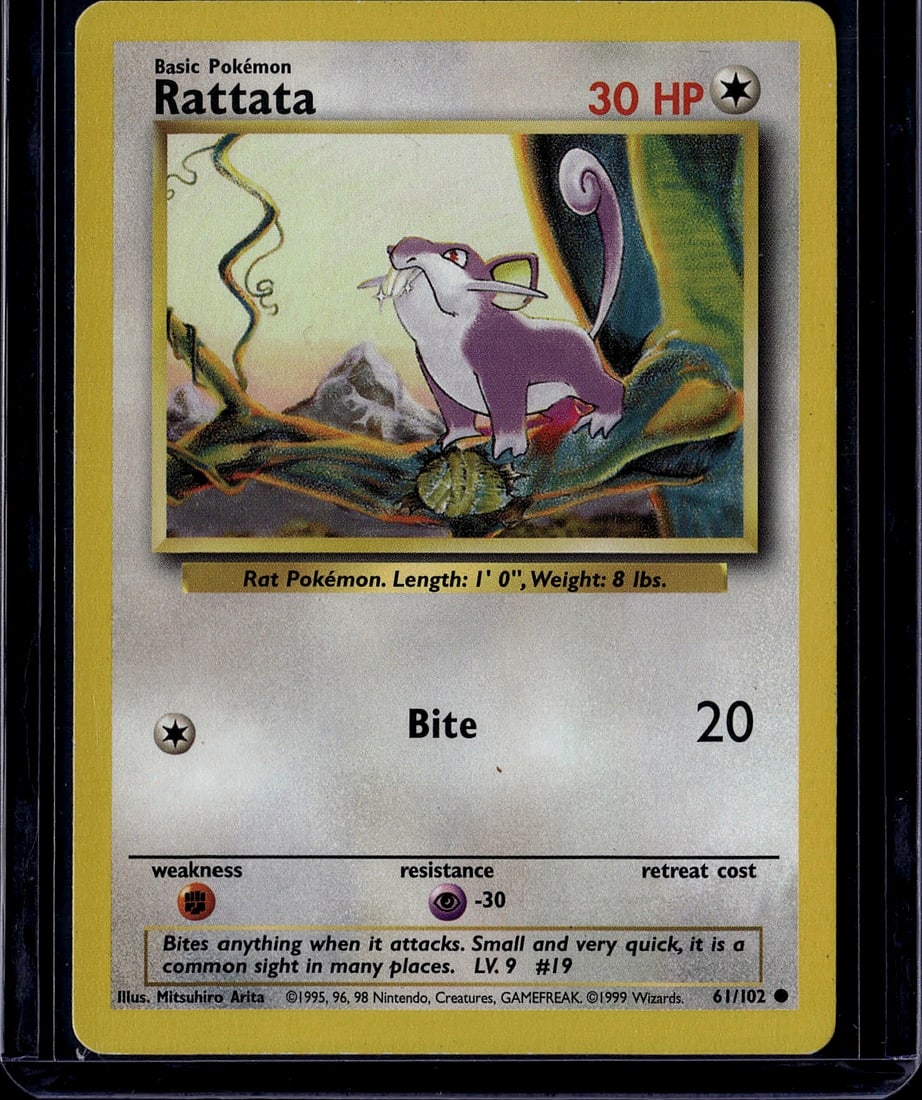1999 Pokemon Base Set Rattata #61/102 30 HP Basic: This is an original 1999 Pokemon Base Set Rattata card (#61/102), featuring the classic artwork by Mitsuhiro Arita. This Basic Pokemon card depicts Rattata, the iconic Rat Pokemon, with its signature 
