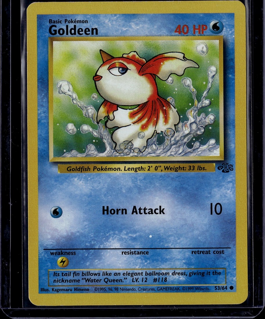 Goldeen Base Set 53/64 Pokemon Card 1999 Nintendo: This is an authentic 1999 Goldeen Pokemon Trading Card from the iconic Base Set, card number 53/64. The card features vibrant artwork by illustrator Kagemaru Himeno showing Goldeen, the Water-type gol
