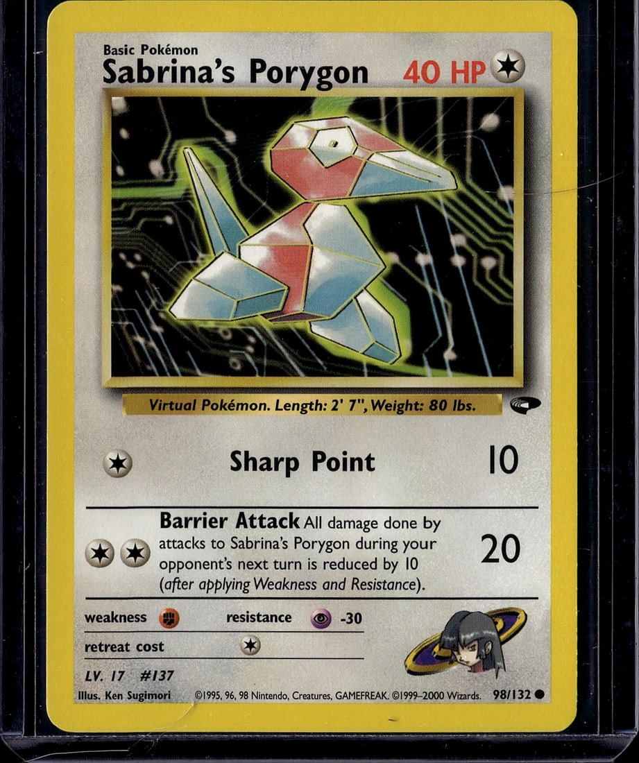 Sabrina's Porygon 98/132 Gym Heroes Pokemon Card: This is a raw Sabrina's Porygon card from the Gym Heroes set (#98/132), released by Wizards of the Coast in 2000. This Basic Pokemon features 40 HP with a colorless energy cost, and includes two