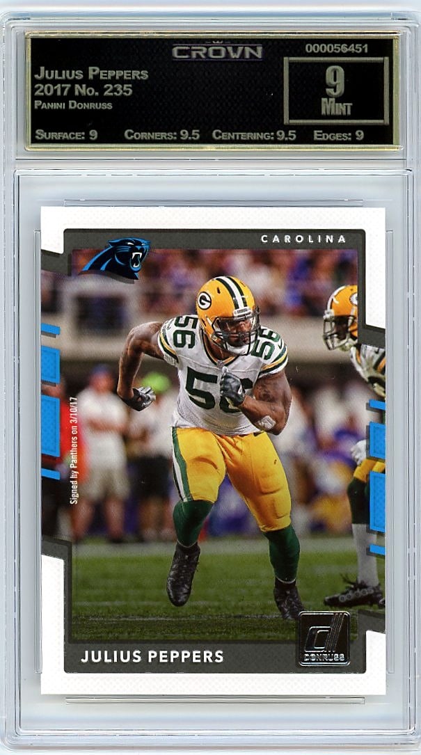 2017 Panini Donruss Julius Peppers #235 Crown 9 M: This is a 2017 Panini Donruss Julius Peppers card, numbered #235. Professionally graded and encased in a protective slab, this card represents a key release from Donruss's 2017 football set featuring