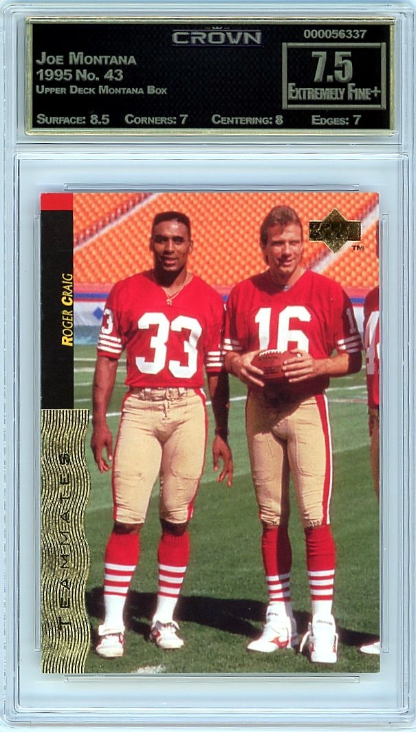 1995 Joe Montana Upper Deck Montana Box #43 Crown: This is a 1995 Joe Montana card from the Upper Deck Montana Box set, card number 43. It's a piece of football history featuring one of the sport's most iconic quarterbacks during a significant period