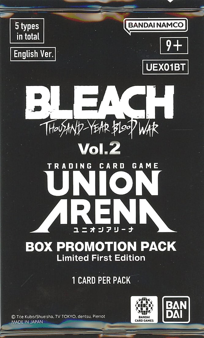 2023 Bandai Union Arena Bleach Thousand-Year Bloo: This is a sealed Union Arena Trading Card Game Box Promotion Pack featuring the Bleach: Thousand-Year Blood War Vol. 2 set, published by Bandai Namco. The pack is the English Version, Limited First Ed