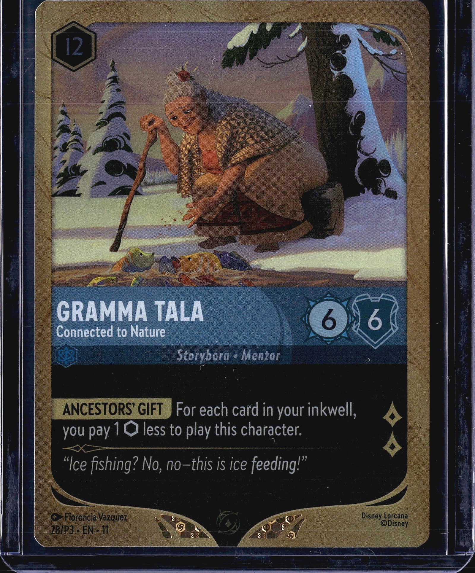 2024 Disney Lorcana Into the Inklands Gramma Tala: This is a 2024 Disney Lorcana trading card featuring Gramma Tala from the Into the Inklands set, card number 28. The card is a Promo Holo variant, making it a special promotional release within the se