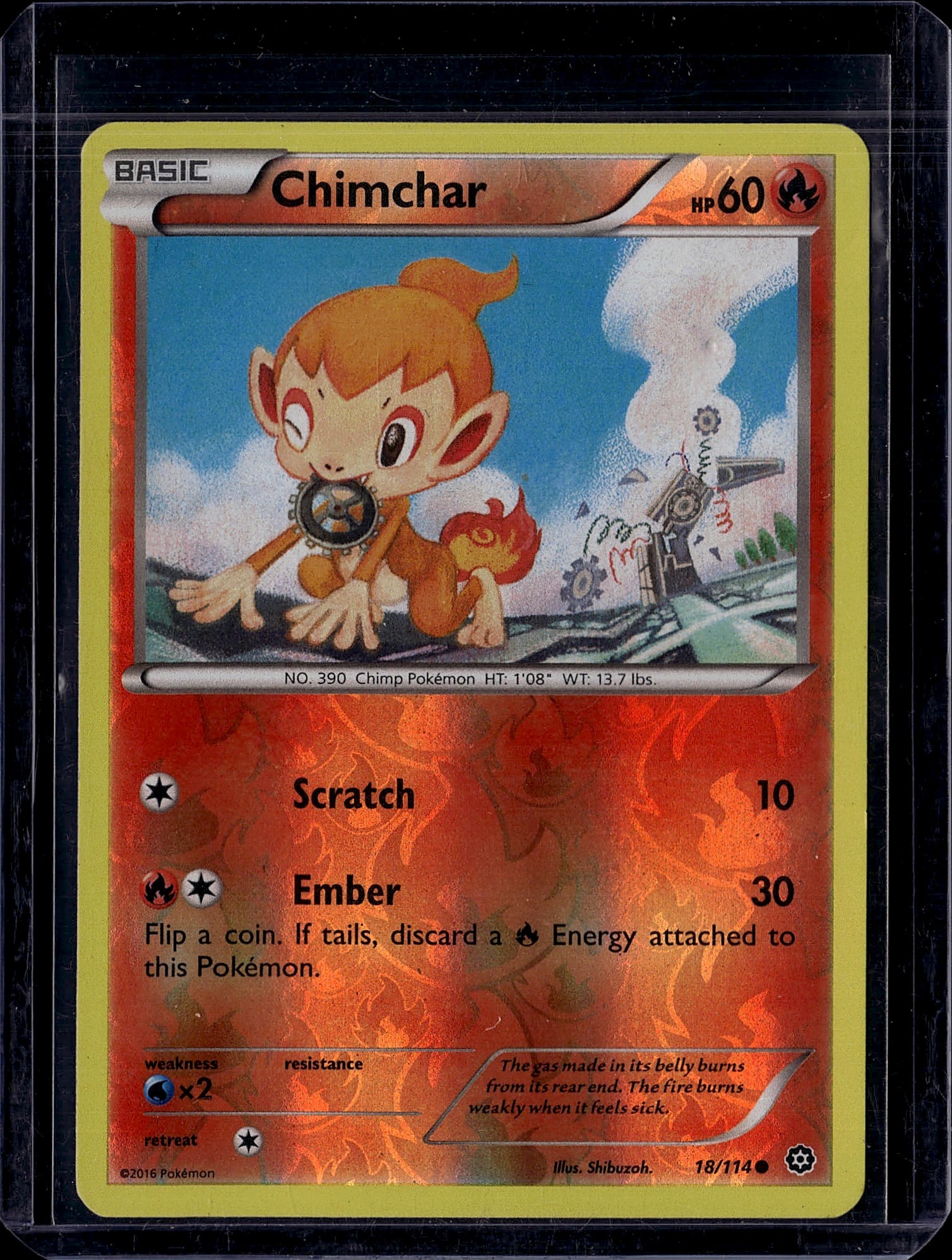 2016 Pokemon Chimchar Card No. 390 Basic Fire Typ: This is a 2016 Pokemon trading card featuring Chimchar, the iconic Fire-type Basic Pokemon (National Pokedex No. 390). The card displays excellent artwork by Shibuzoh, showcasing the young chimp Pokem