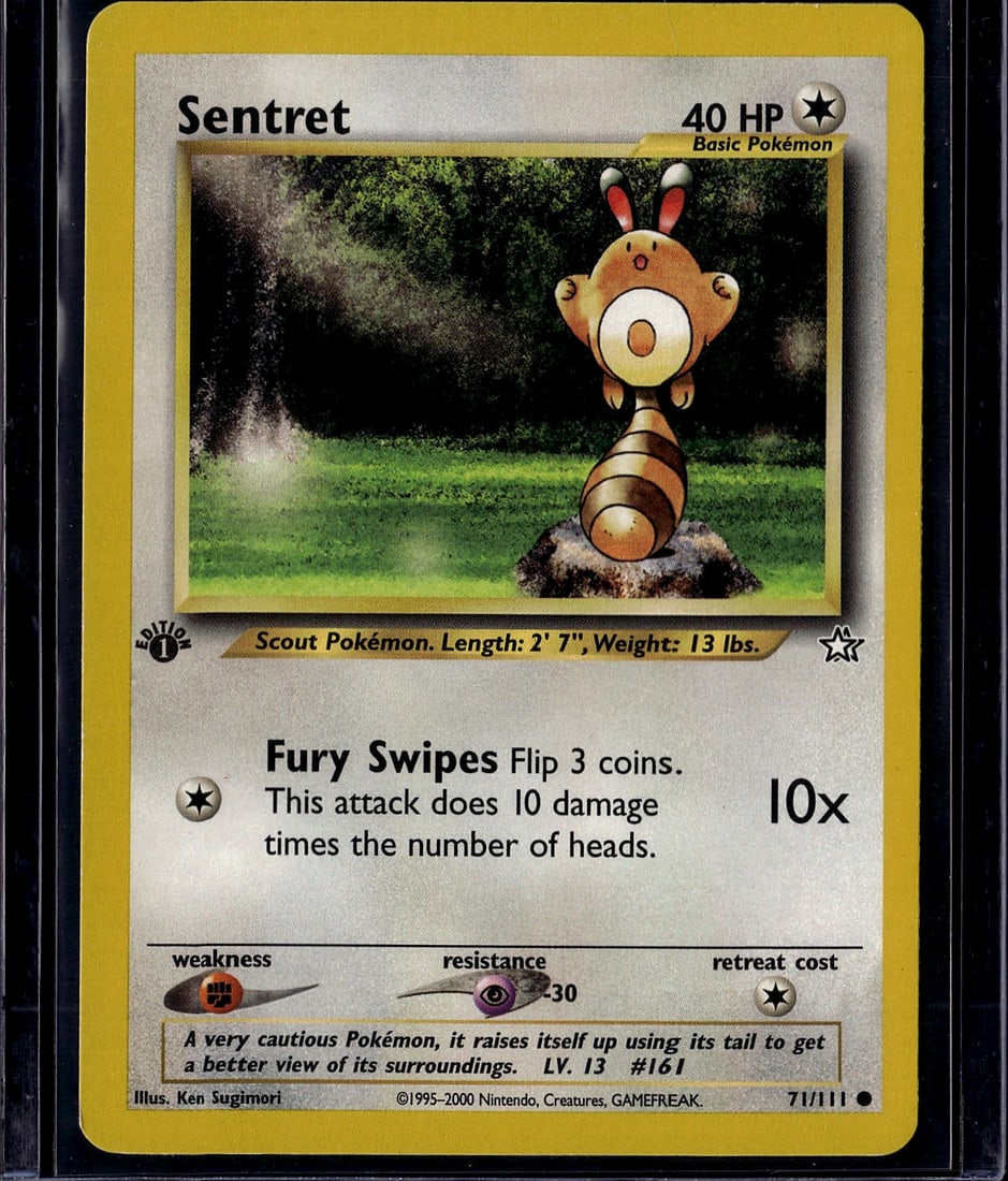 Sentret 71/111 Neo Genesis Pokemon Card - Vintage: This is a vintage Sentret Pokemon trading card from the Neo Genesis set, released in 2000. Card #71/111 features the iconic Scout Pokemon illustrated by Ken Sugimori with classic 1990s artwork. The ca
