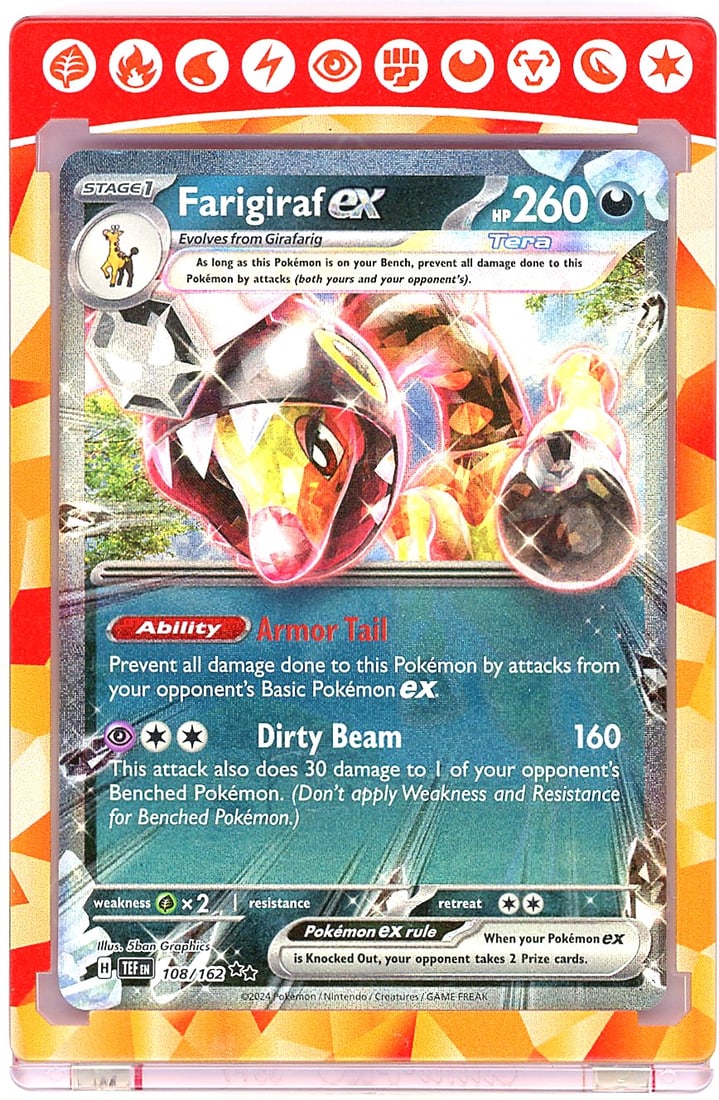2024 Pokemon Temporal Forces Farigiraf ex 108/162: This listing features a 2024 Pokemon Temporal Forces Farigiraf ex, card number 108/162, a Stage 1 Tera ex card with 260 HP and the Psychic type. The card features the Ability 'Armor Tail,' which