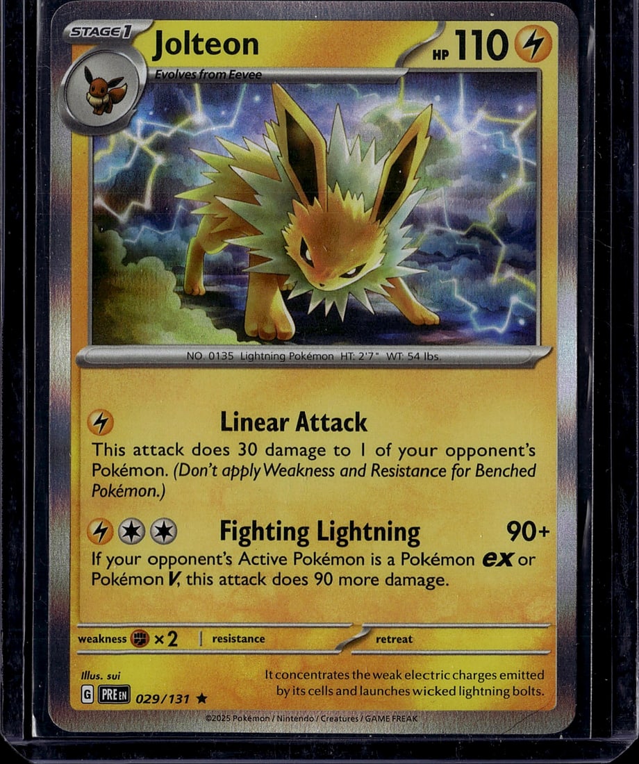 Jolteon 029/131 Scarlet & Violet Pokemon Card Sin: This is a raw Jolteon Pokemon trading card from the Scarlet & Violet set, card number 029/131. Jolteon is a Stage 1 Lightning-type Pokemon that evolves from Eevee with 110 HP. The card features two
