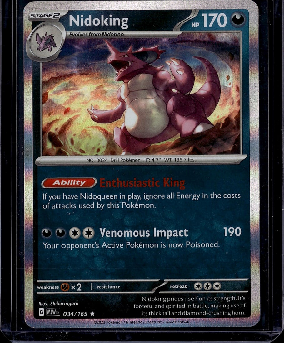 Nidoking 034/165 Scarlet Violet Pokemon Card Stag: This is a raw Nidoking Pokemon card from the Scarlet & Violet set, card number 034/165. It features the Stage 2 evolution with 170 HP and showcases beautiful full-art illustration of the powerful Dril