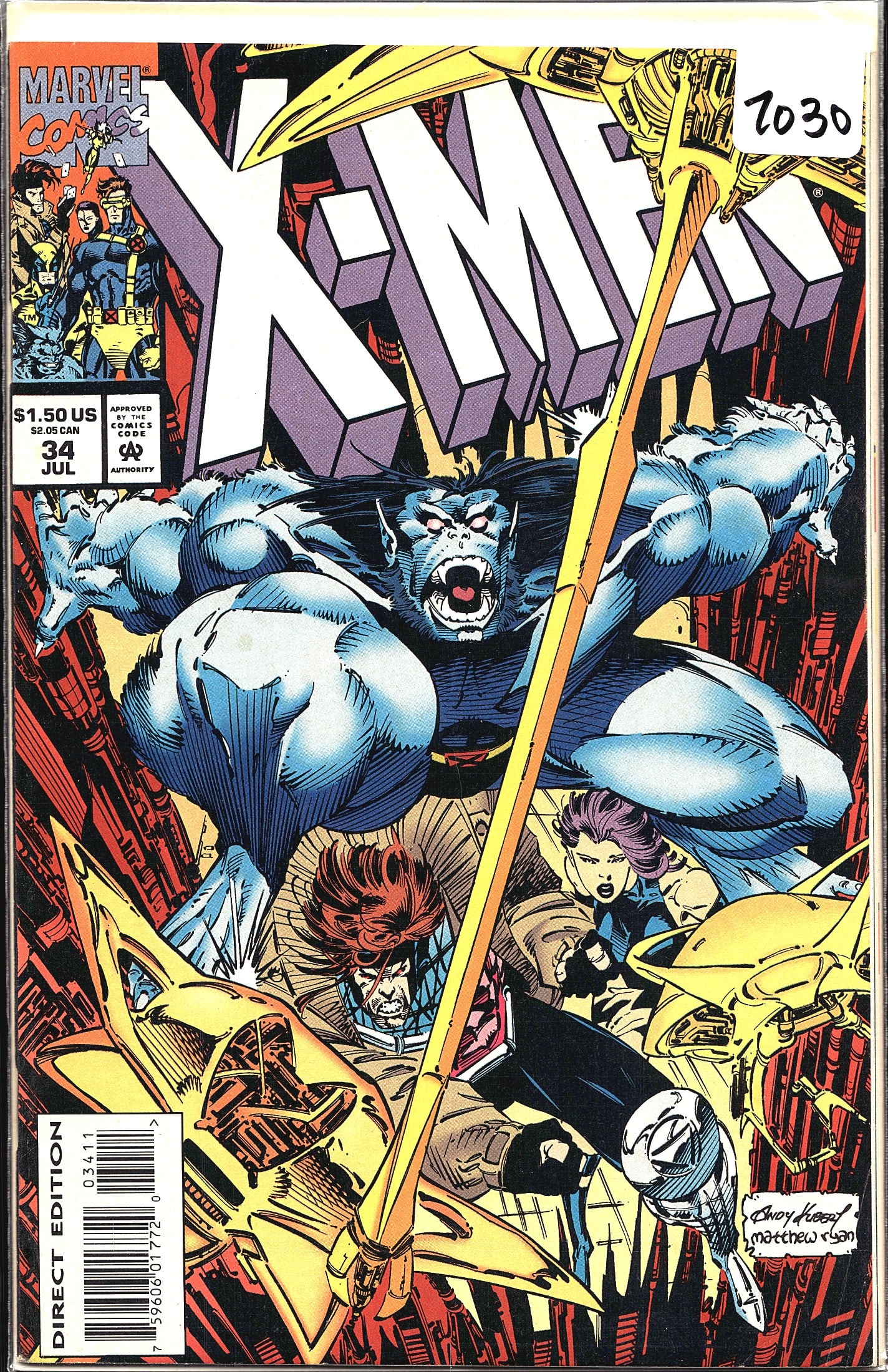 X-Men #34 Marvel Comics July 1994 Beast Gambit Ps: This is X-Men #34, published by Marvel Comics, cover dated July 1994. This is the Direct Edition, as noted on the lower left of the cover. The cover art, signed by Andy Kubert and Matthew Ryan,