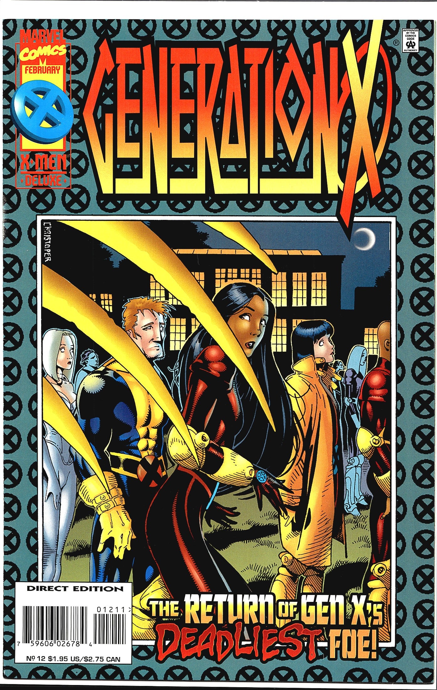 Marvel Generation X 1995 Comic #12 Vintage Collec: Generation X #12, published by Marvel Comics in February 1996, is part of the X-Men Deluxe line and is presented here as a Direct Edition. The cover features the Generation X team gathered outside