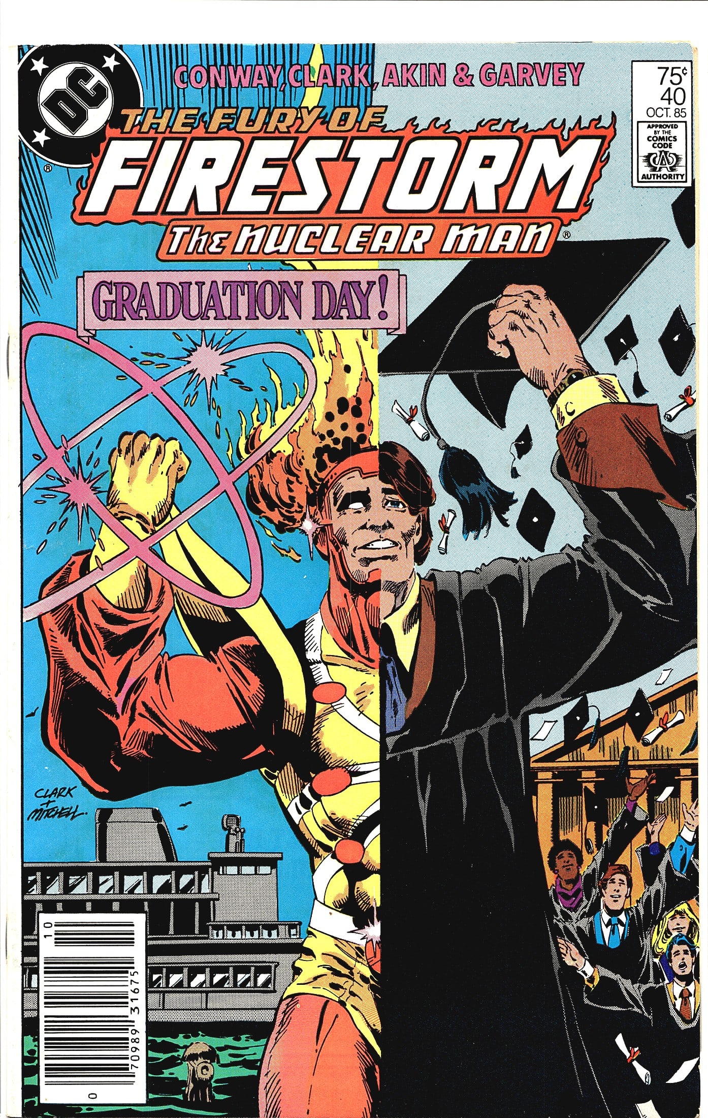 1985 DC The Fury of Firestorm the Nuclear Man #40: This is issue #40 of The Fury of Firestorm the Nuclear Man, published by DC Comics in October 1985, priced at 75 cents on the cover. The creative team listed is Conway, Clark, Akin & Garvey, with