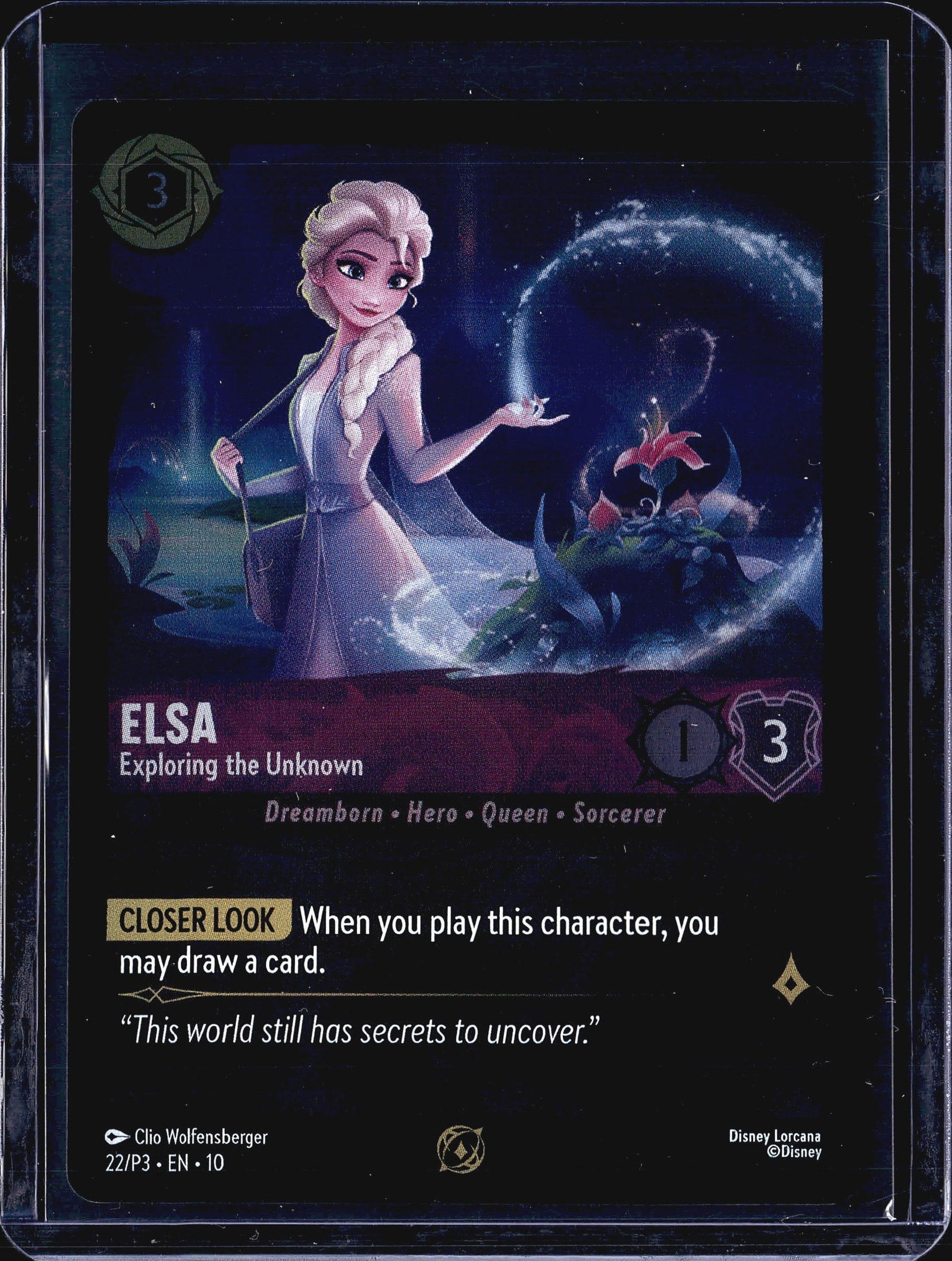2024 Disney Lorcana Promo Cards 22/P3 Elsa Cold F: This listing features Elsa - Exploring the Unknown, card number 22/P3 from Disney Lorcana, illustrated by Clio Wolfensberger. The card is identified as a Promo (P3 series, set 10) and carries the