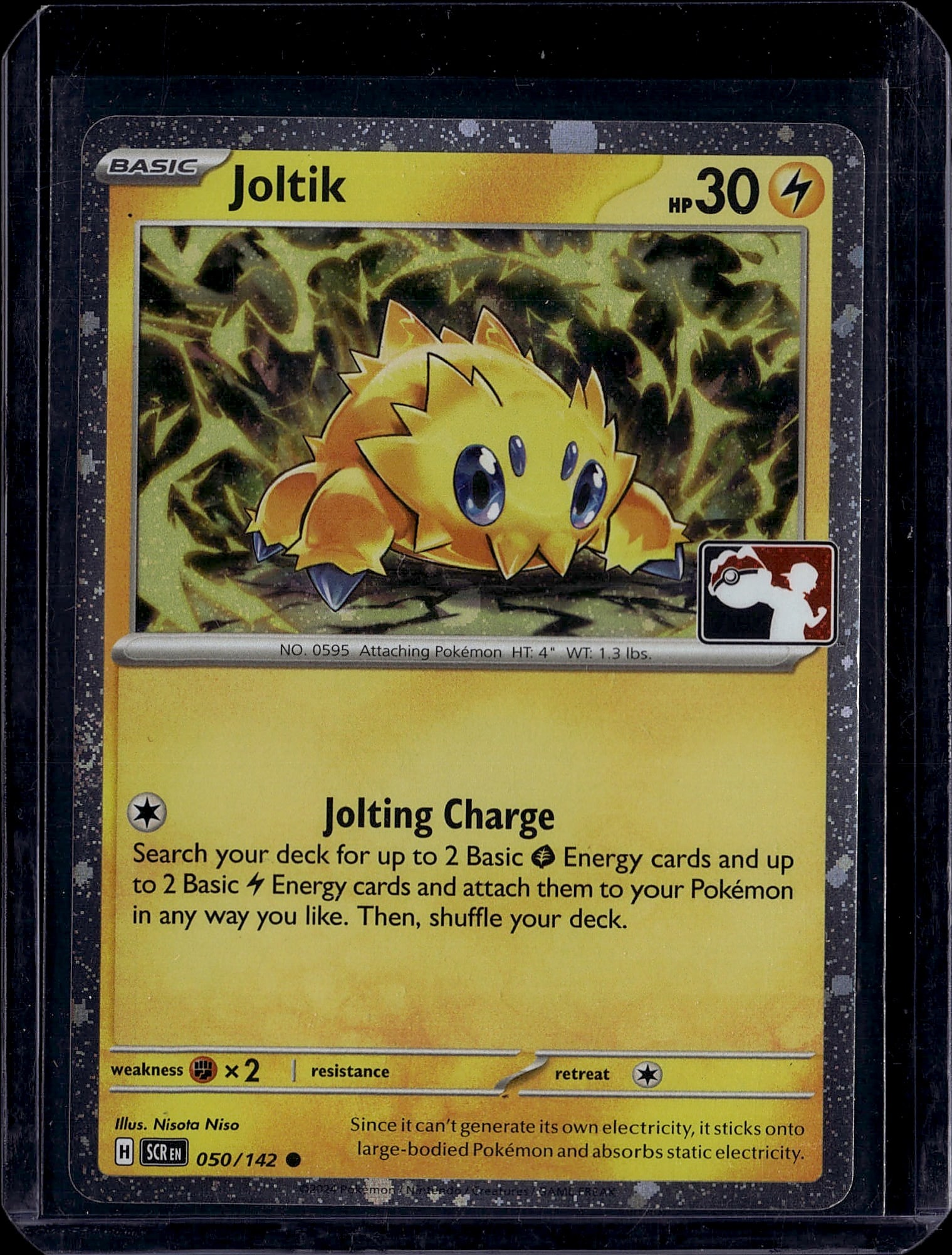 Joltik 050/142 Scream Set Pokemon Card Basic Elec: This is a raw Pokemon single featuring Joltik, card number 050/142 from the Scream set. Joltik is a Basic Electric-type Pokemon with 30 HP, illustrated by Nisola Niso. The card features the signature 