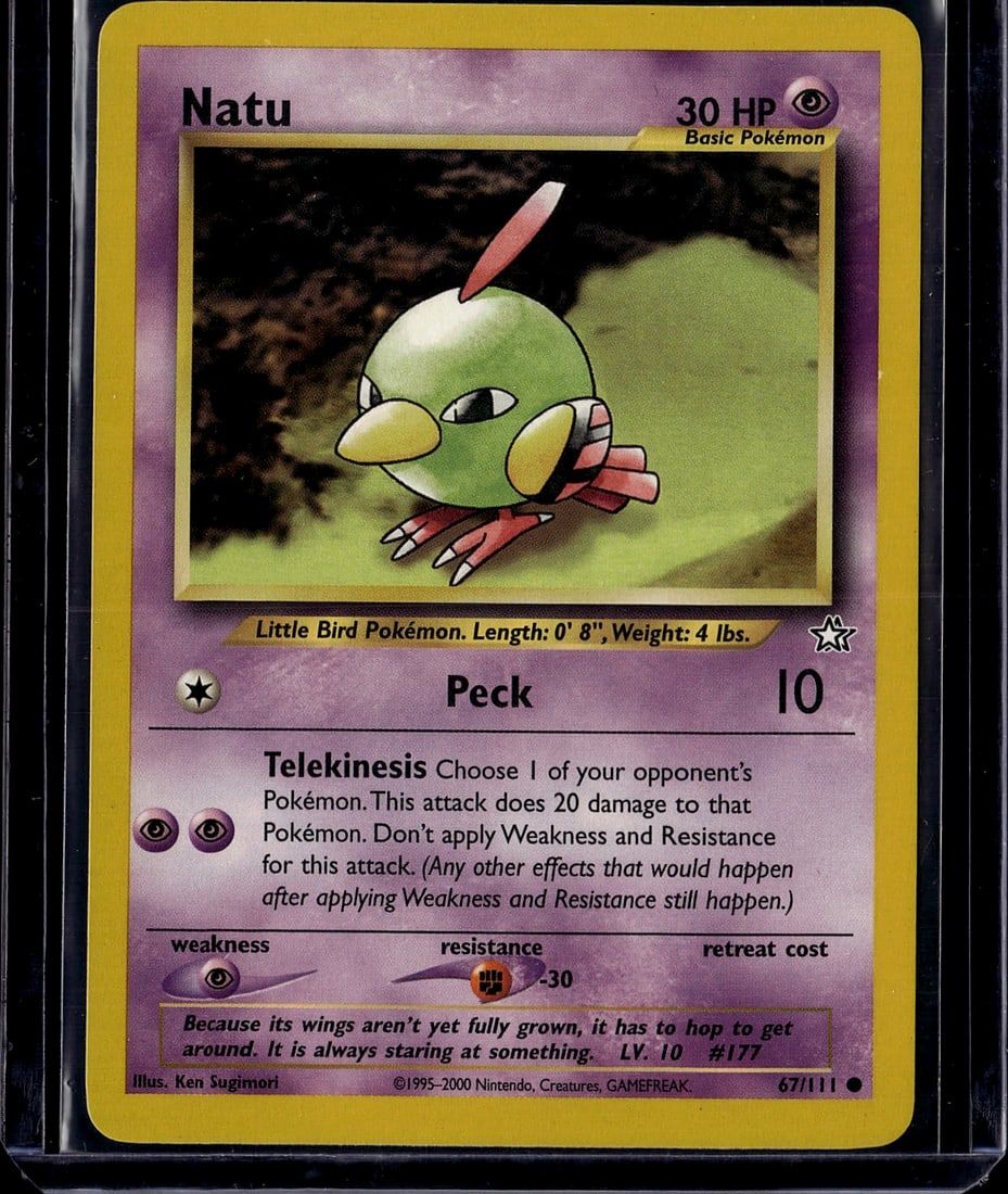 Natu 67/111 Neo Genesis Pokemon Card Single - NM: This is an authentic Natu Pokemon trading card from the Neo Genesis set (card #67/111), published by Nintendo in 2000. Natu is a Basic Psychic-type Little Bird Pokemon featuring the iconic Ken Sugimor