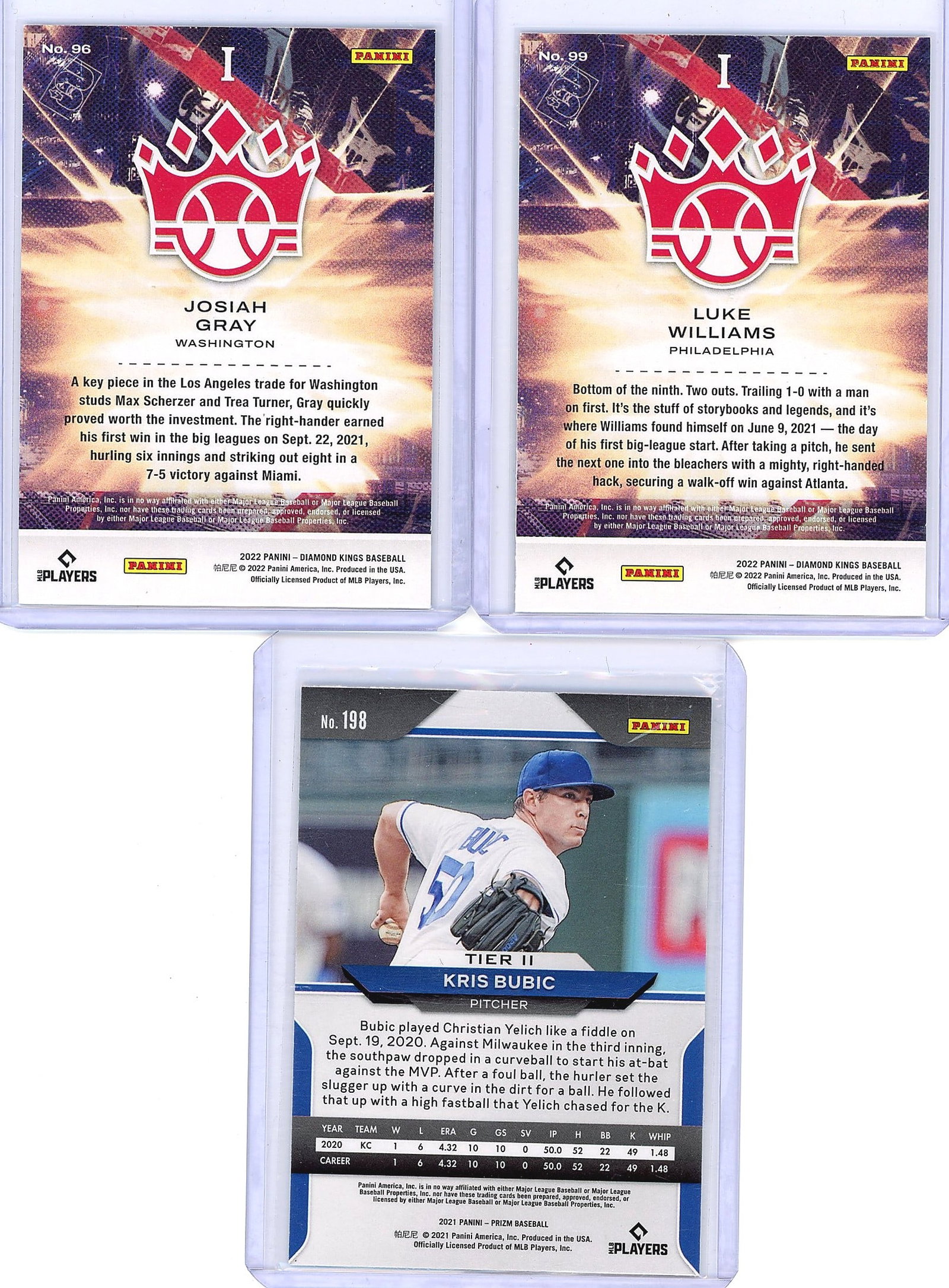 2022 Panini Baseball Lot: Diamond Kings Gray #96,: Lot of three 2022 Panini baseball cards in raw condition. Includes Josiah Gray (Washington) Diamond Kings #96, Luke Williams (Philadelphia) Diamond Kings #99, and Kris Bubic (Kansas City) Panini Prizm