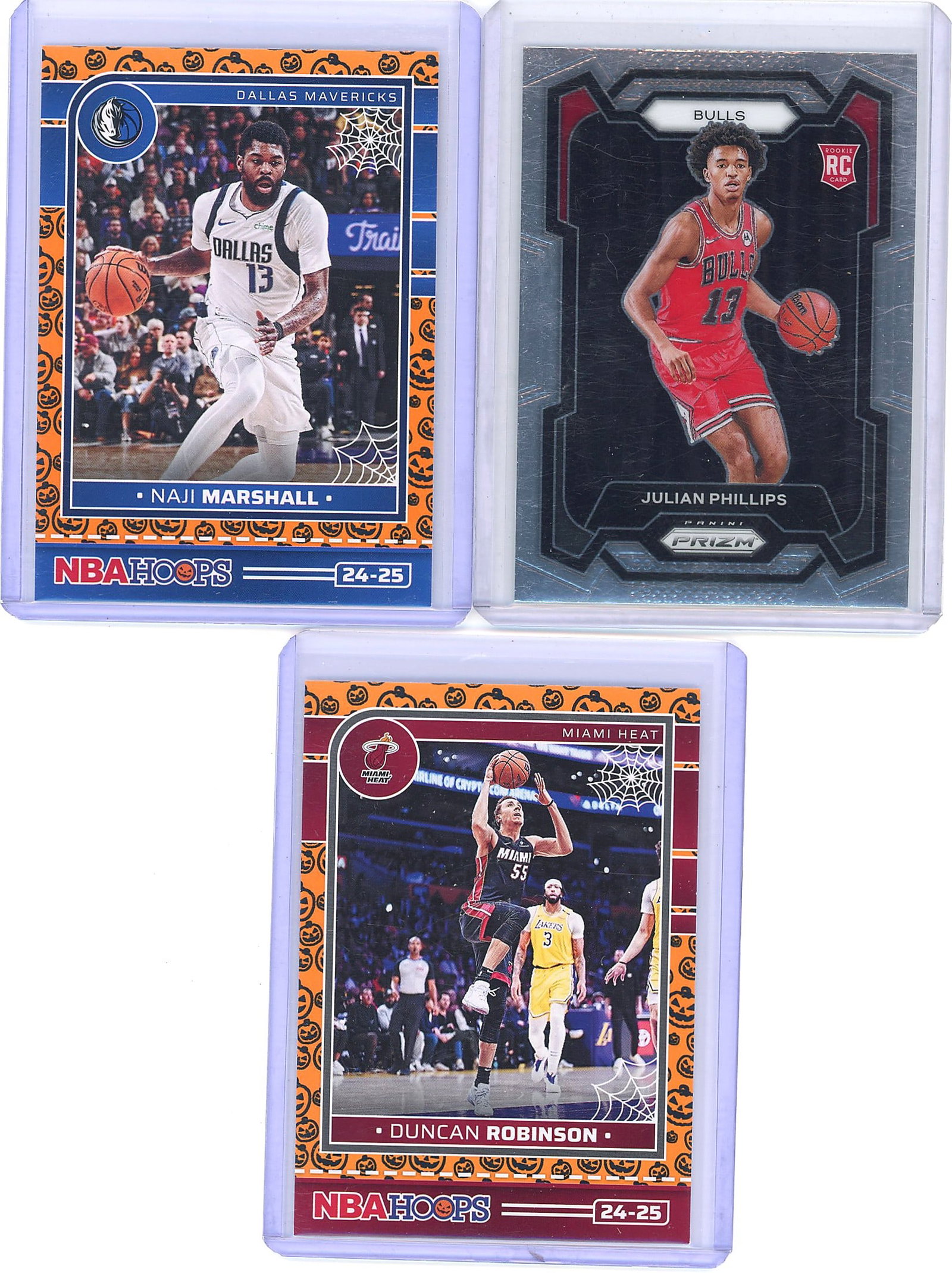 6x Panini NBA Basketball Cards Lot - Hoops Prizm: Lot of 6 ungraded NBA basketball singles featuring Naji Marshall (Dallas Mavericks, Hoops 2024-25), Julian Phillips (Chicago Bulls, Prizm 2023-24), and Duncan Robinson (Miami Heat, Hoops 2024-25). Car