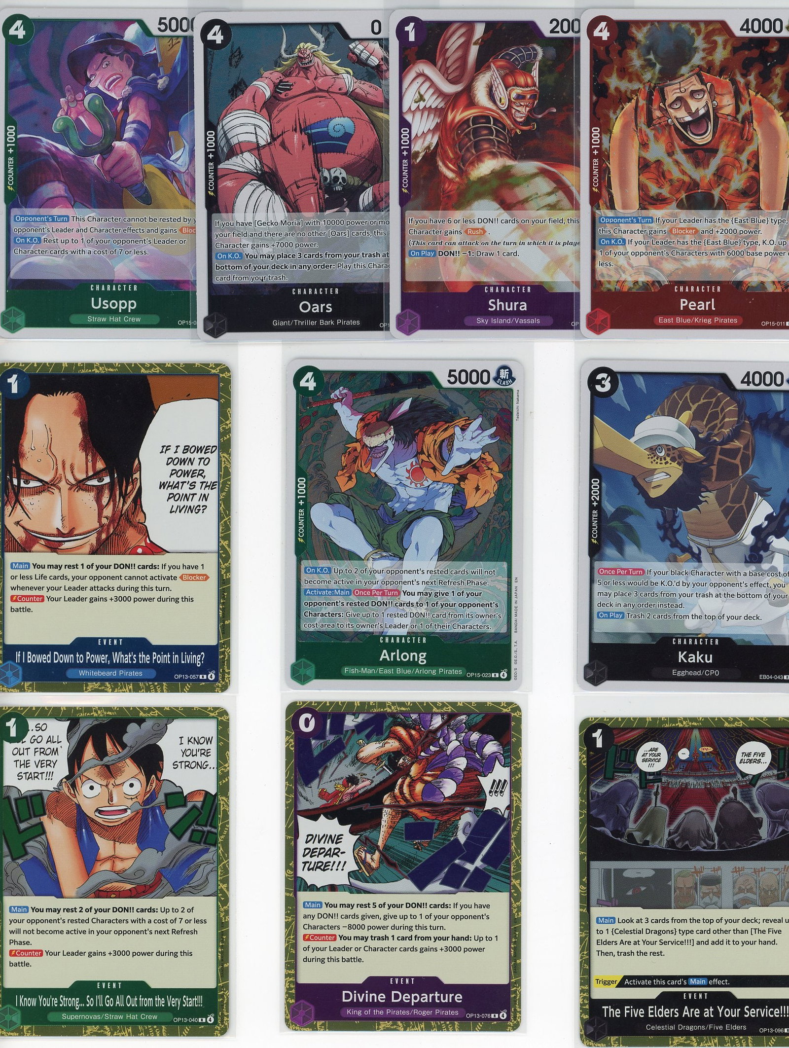 Lot of 10 One Piece Foil Trading Cards - Bandai T: This lot contains 10 authentic One Piece Trading Card Game foil cards from Bandai's popular TCG series. The collection features a mix of character and event cards, including notable cards such as