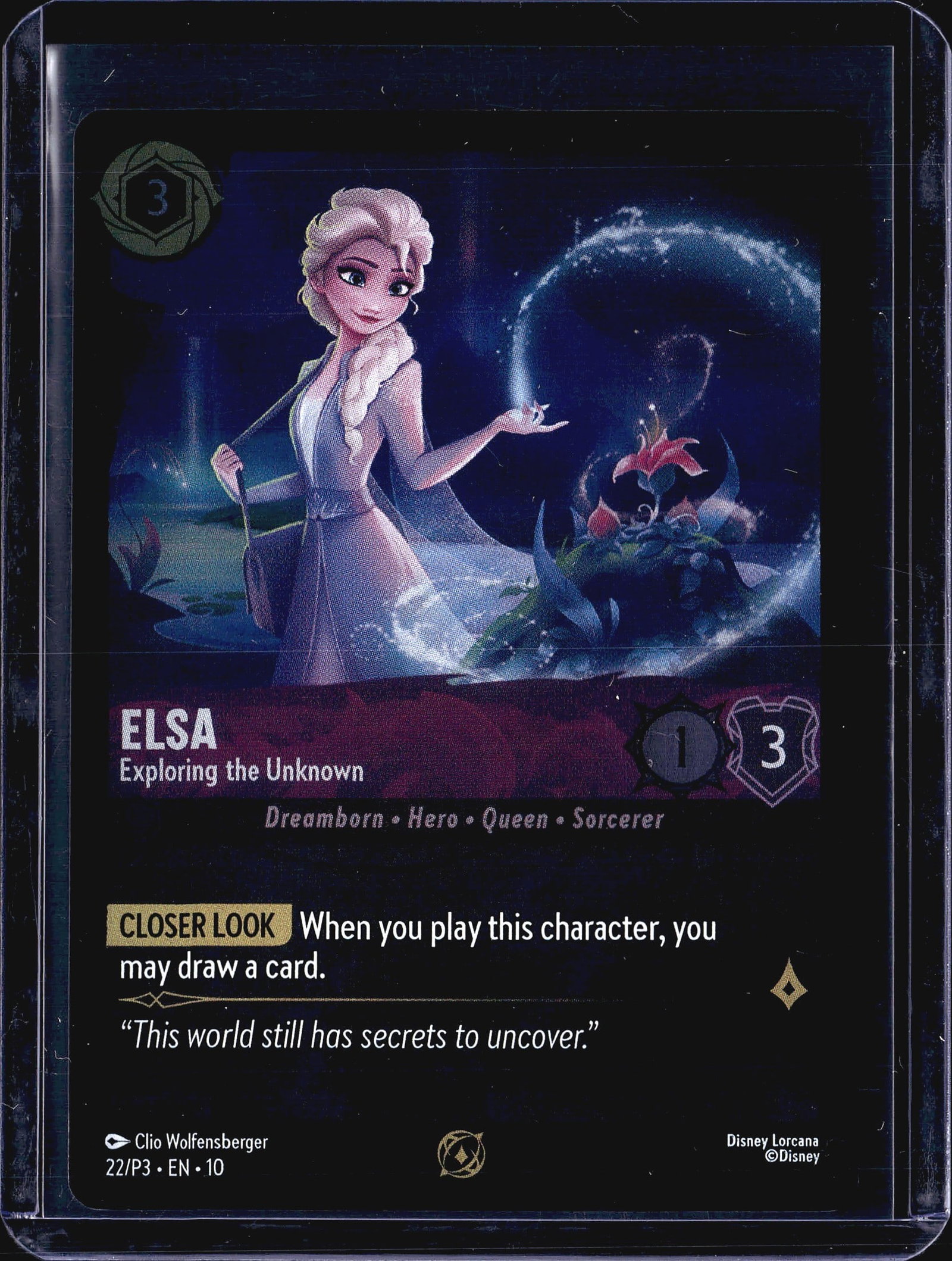 Disney Lorcana League Promo Elsa 22/P3 Cold Foil: This listing features the Disney Lorcana trading card Elsa - Exploring the Unknown, card number 22/P3, a promotional release from the Azurite Sea set (Set 10). The card is illustrated by Clio Wolfensb