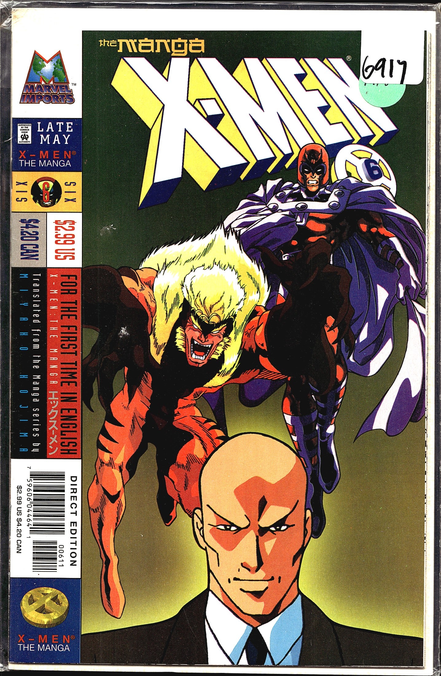 X-Men The Manga #6 Marvel Imports Direct Edition: This is issue #6 of X-Men: The Manga, published by Marvel Comics under their Marvel Imports imprint. The cover features manga-style artwork depicting Magneto, Sabretooth, and Professor X in dynamic po