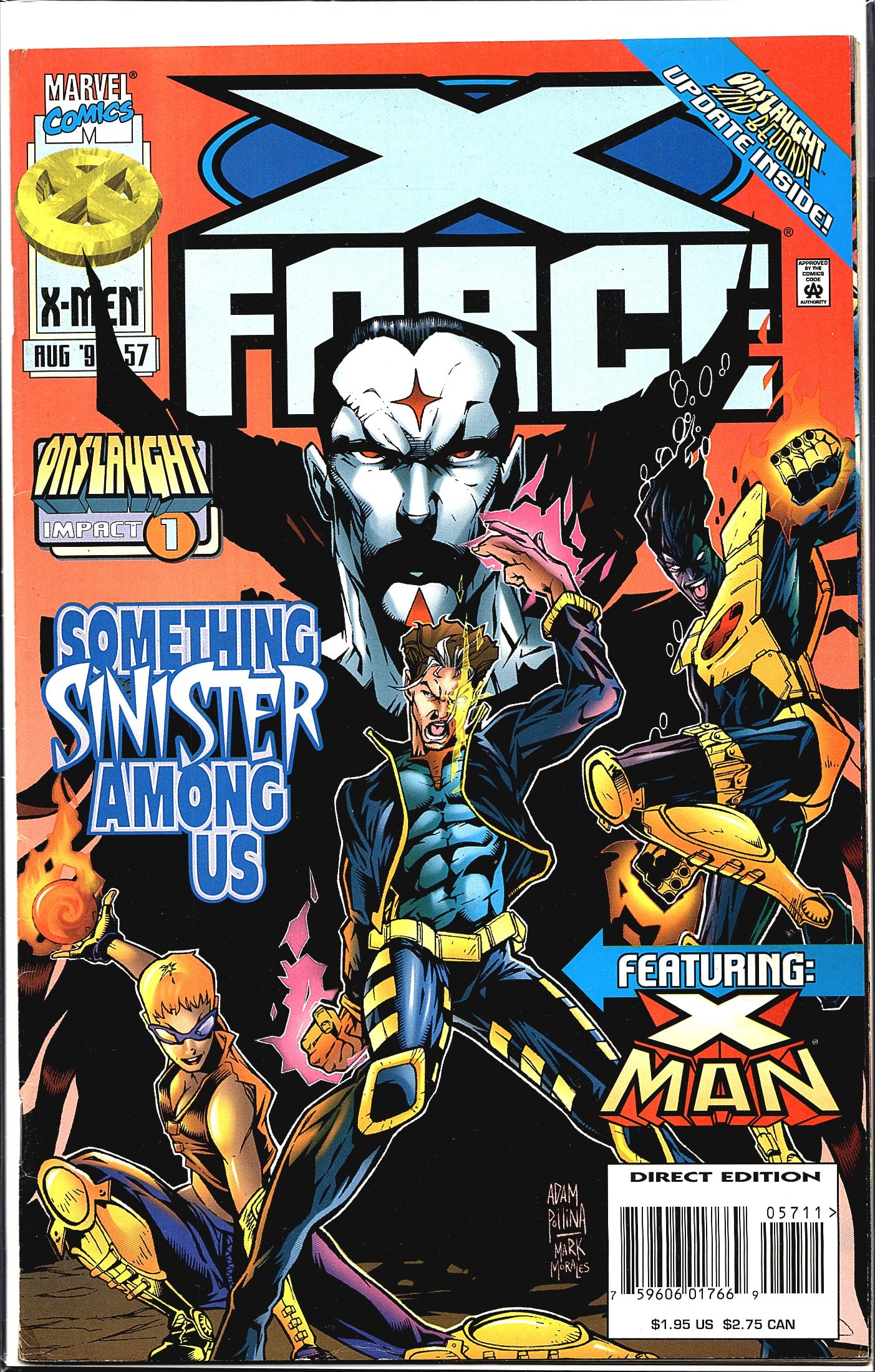 X-Force #57 Marvel Comics 1996 Onslaught Impact 1: X-Force #57 published by Marvel Comics, cover dated August 1996. This issue is part of the Onslaught crossover event, labeled as 'Onslaught Impact 1,' and features the story arc 'Something Sinister