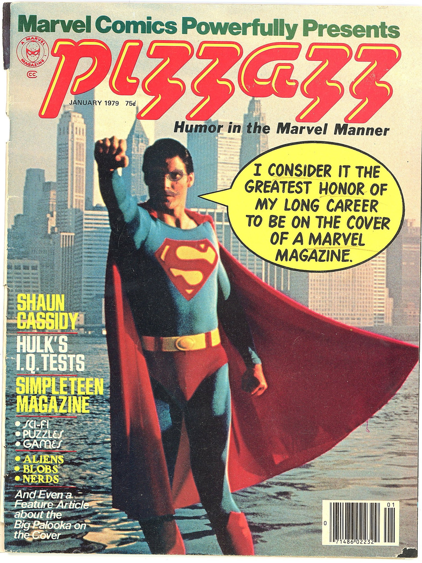 1979 Marvel Pizzazz #16 Comic Book Collectible: Marvel Comics Pizzazz magazine, January 1979, priced at 75 cents on the cover. This humor magazine - subtitled 'Humor in the Marvel Manner' - features a striking cover photograph of an actor in a