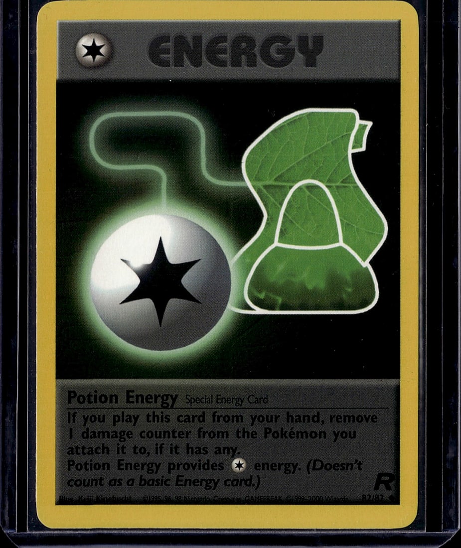Potion Energy Special Energy Card Pokemon Neo Gen: This is a Potion Energy Special Energy card from the Pokemon Trading Card Game Neo Genesis set (2000). The card features vibrant artwork with a glowing orb and green leaf design, characteristic of the