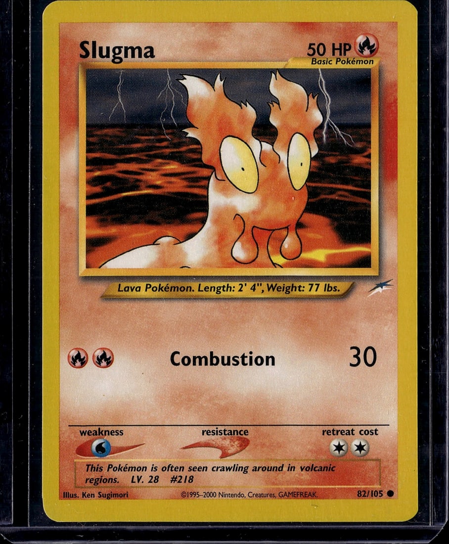Slugma 82/105 Neo Genesis Pokemon Card - Vintage: This is a raw, ungraded Slugma Pokemon card from the Neo Genesis set, card #82/105, published by Nintendo in 2000. The card features Slugma, a Lava Pokemon, depicted in its iconic volcanic habitat wit