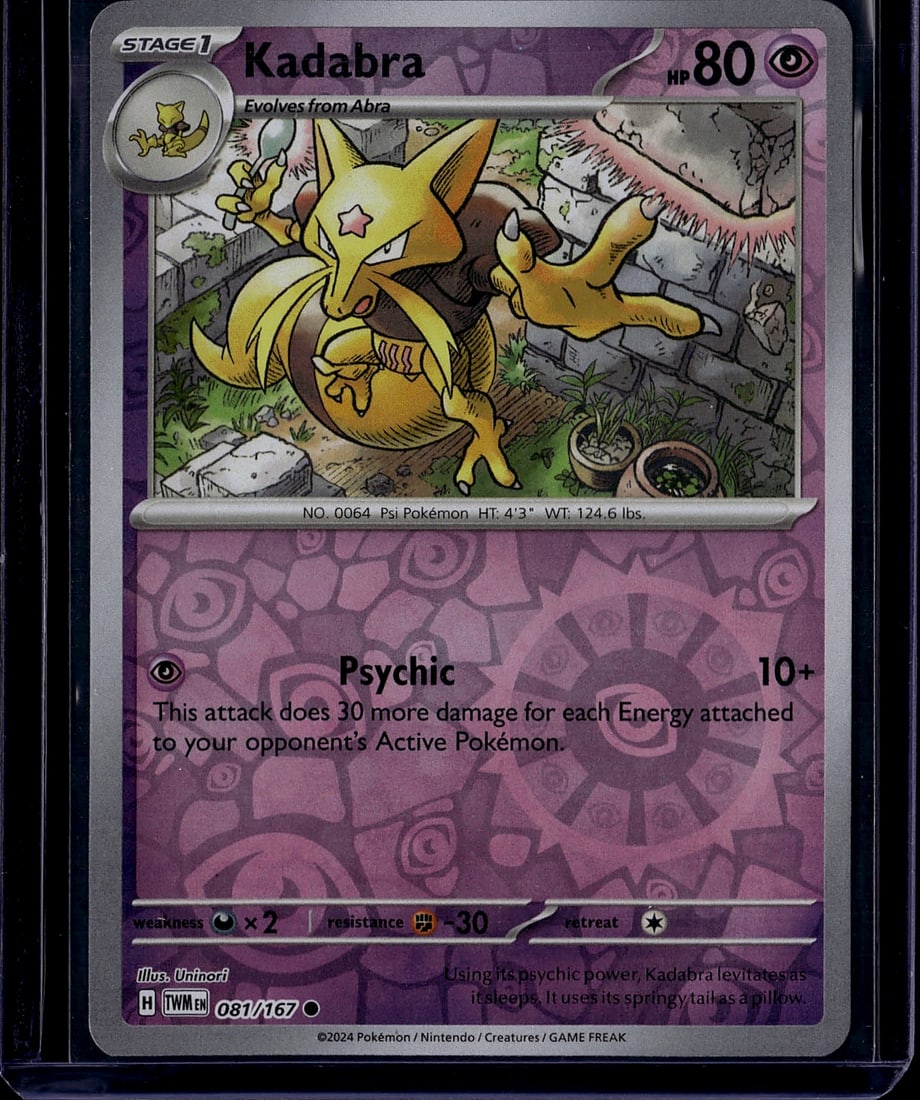 2024 Pokemon Scarlet Violet Kadabra 081/167 Stage: This is a 2024 Pokemon Trading Card Game Kadabra card from the Scarlet & Violet expansion set, card number 081/167. Kadabra is a Stage 1 Psychic-type Pokemon that evolves from Abra, featuring 80 HP an