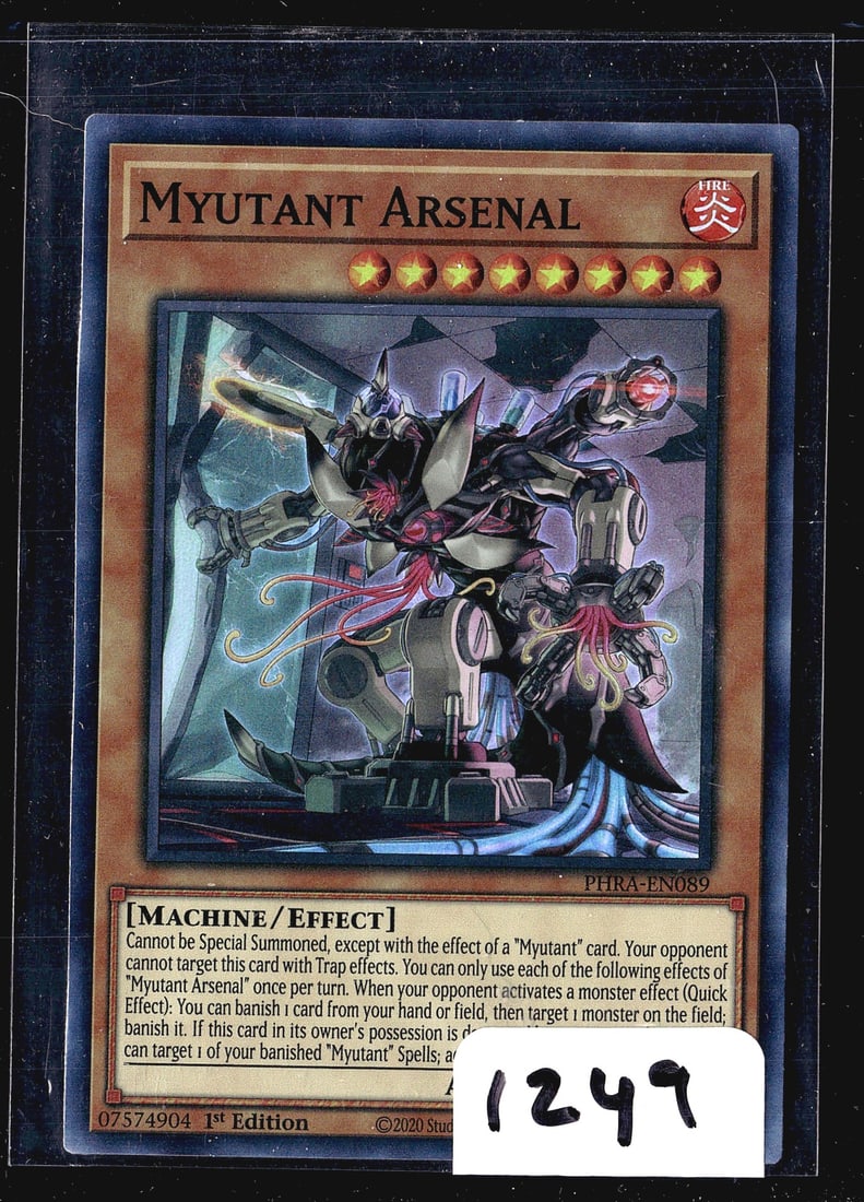 2020 Konami Phantom Rage PHRA-EN089 Myutant Arsen: This listing is for a 2020 Yu-Gi-Oh! Trading Card Game single: Myutant Arsenal (PHRA-EN089), printed in 1st Edition from the Phantom Rage set. The card is a FIRE-attribute, Level 8 Machine/Effect Mons